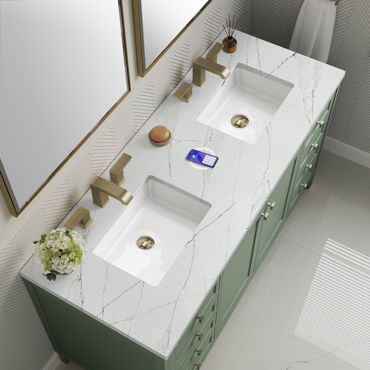 
                  
                    Chicago 60" Double Bathroom Vanity in Smokey Celadon Double bathroom Vanity James Martin Vanities FreePower-Enabled Ethereal Noctis Silestone 
                  
                