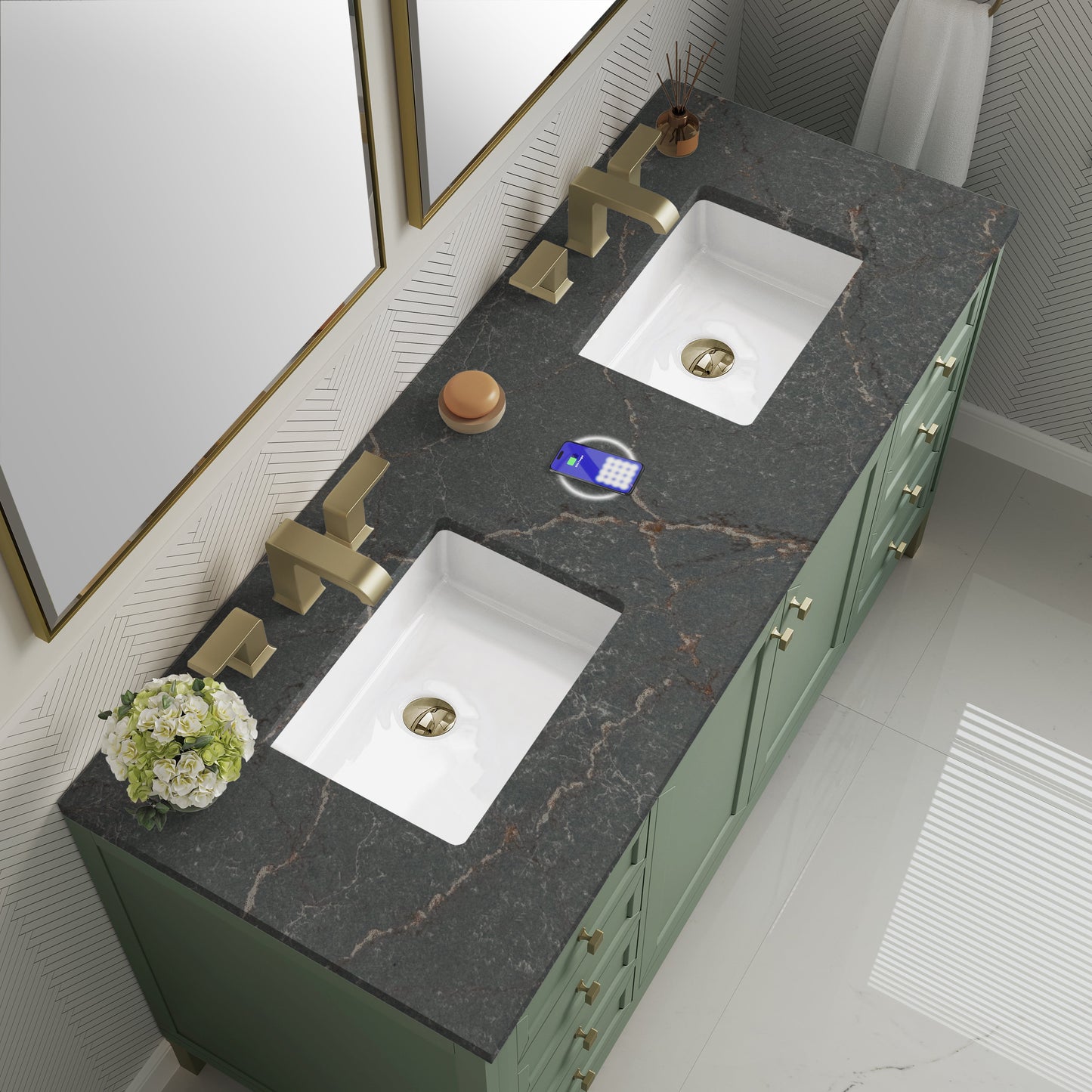 
                  
                    Chicago 60" Double Bathroom Vanity in Smokey Celadon Double bathroom Vanity James Martin Vanities FreePower-Enabled Parisien Bleu Silestone 
                  
                