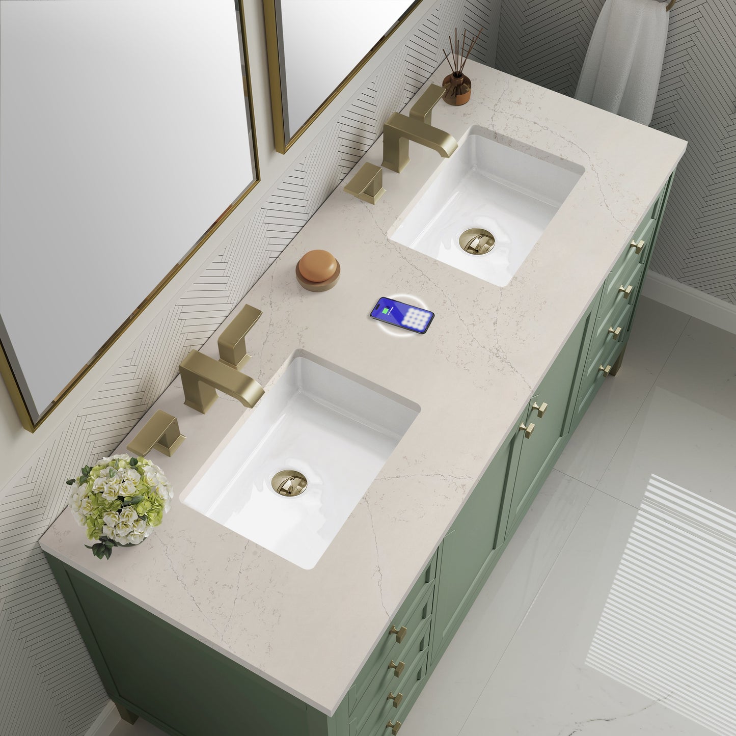 
                  
                    Chicago 60" Double Bathroom Vanity in Smokey Celadon Double bathroom Vanity James Martin Vanities FreePower-Enabled Siberian Silestone 
                  
                