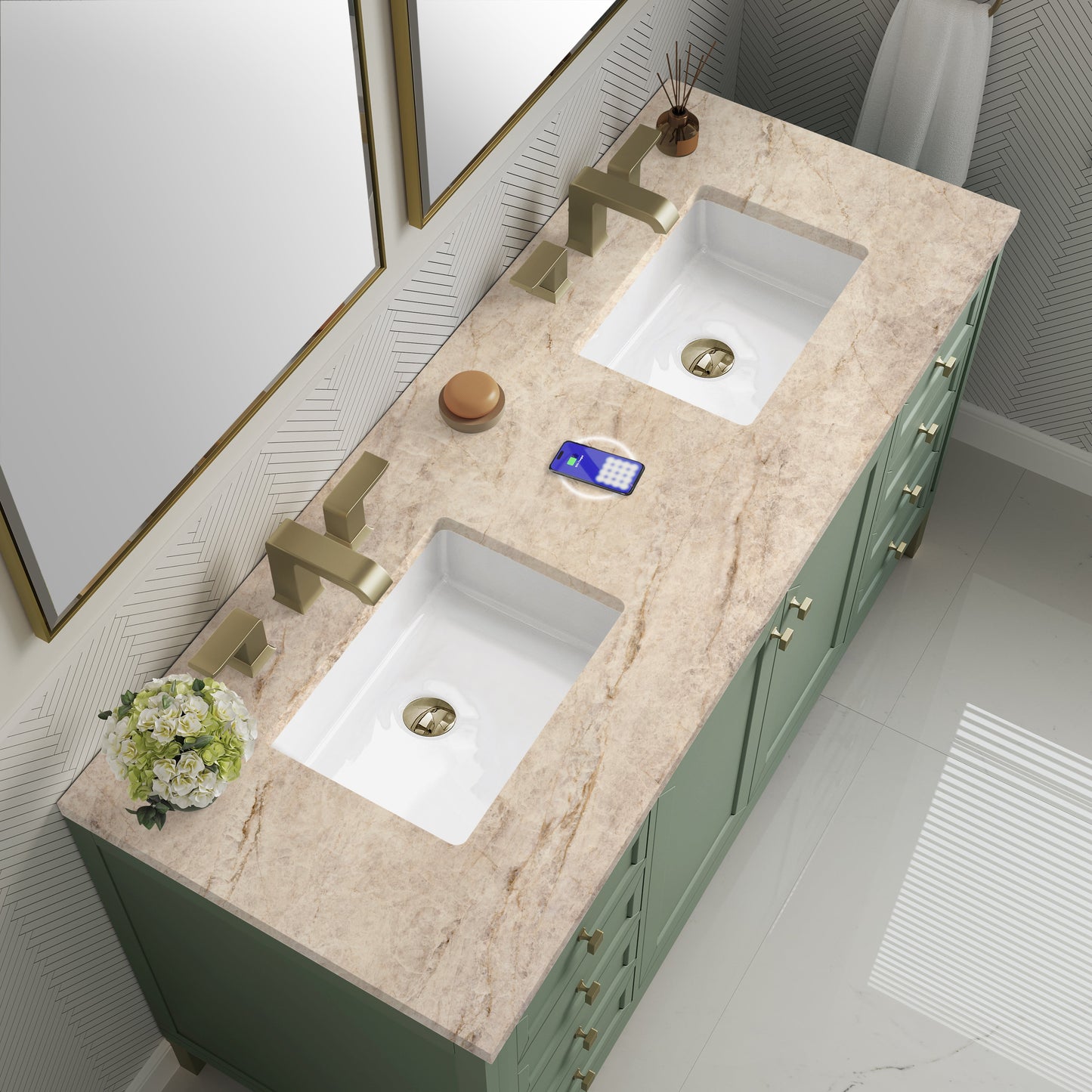 
                  
                    Chicago 60" Double Bathroom Vanity in Smokey Celadon Double bathroom Vanity James Martin Vanities FreePower-Enabled Tajnar Eclos 
                  
                