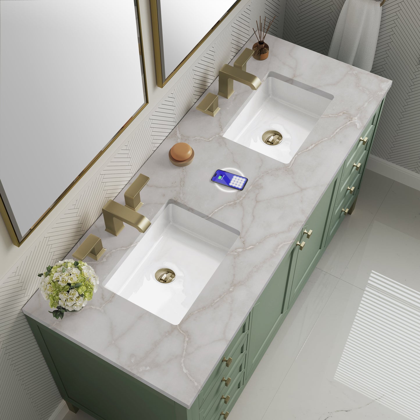 
                  
                    Chicago 60" Double Bathroom Vanity in Smokey Celadon Double bathroom Vanity James Martin Vanities FreePower-Enabled Victorian Silver Silestone 
                  
                