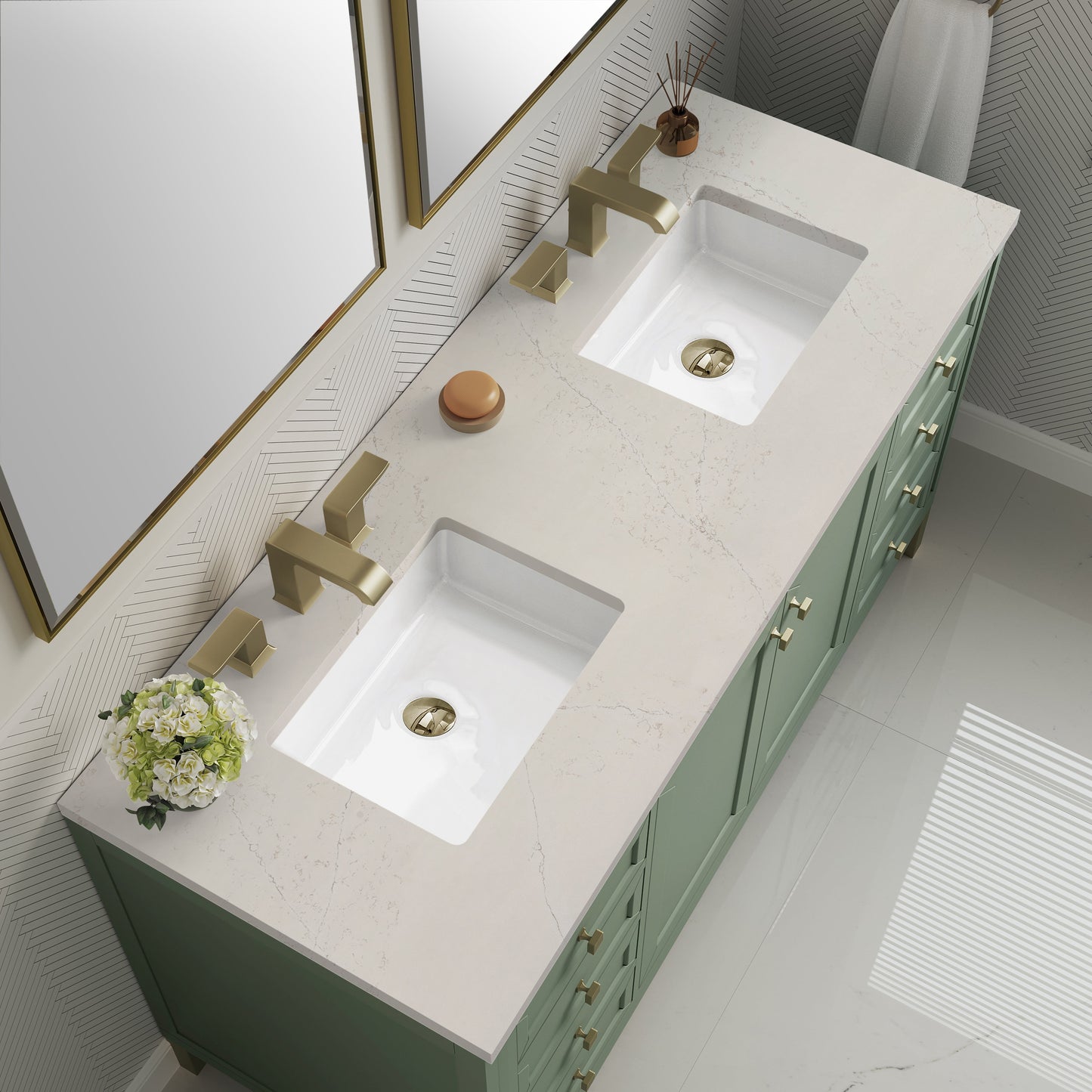 
                  
                    Chicago 60" Double Bathroom Vanity in Smokey Celadon Double bathroom Vanity James Martin Vanities Siberian Silestone 
                  
                