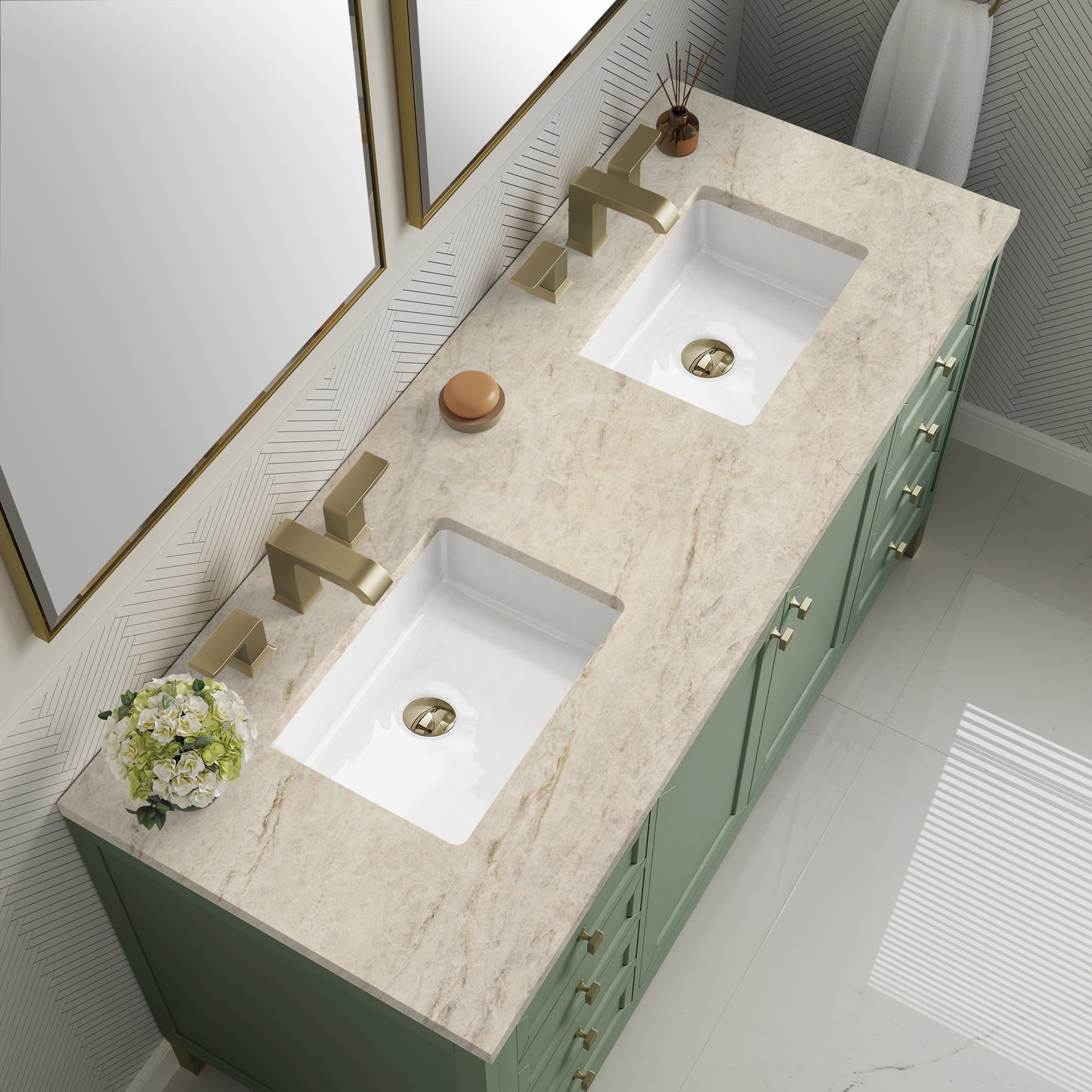 
                  
                    Chicago 60" Double Bathroom Vanity in Smokey Celadon Double bathroom Vanity James Martin Vanities Tajnar Eclos 
                  
                