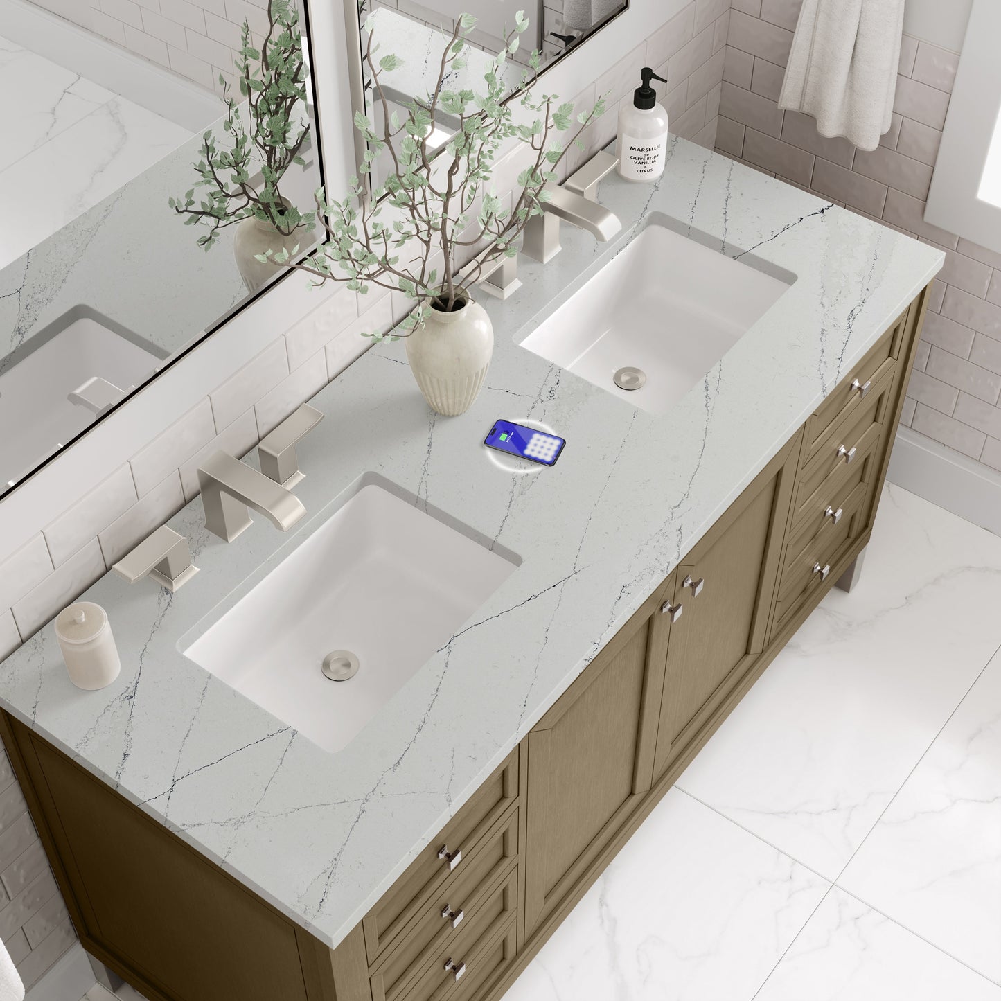 
                  
                    Chicago 60" Double Bathroom Vanity in Walnut Whisper Double bathroom Vanity James Martin Vanities FreePower-Enabled Ethereal Noctis Silestone 
                  
                