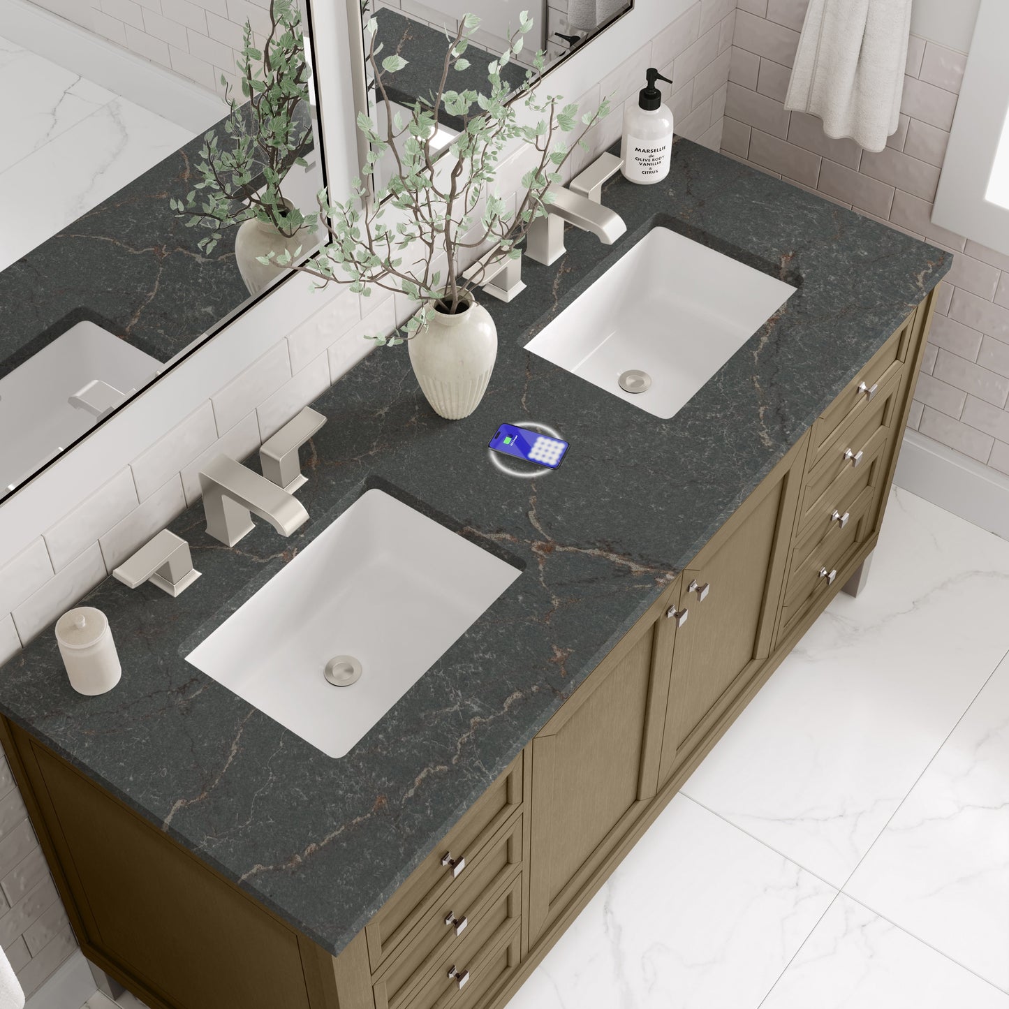 
                  
                    Chicago 60" Double Bathroom Vanity in Walnut Whisper Double bathroom Vanity James Martin Vanities FreePower-Enabled Parisien Bleu Silestone 
                  
                