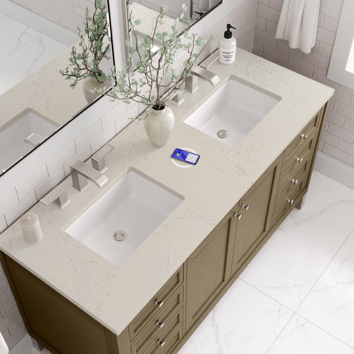 
                  
                    Chicago 60" Double Bathroom Vanity in Walnut Whisper Double bathroom Vanity James Martin Vanities FreePower-Enabled Siberian Silestone 
                  
                