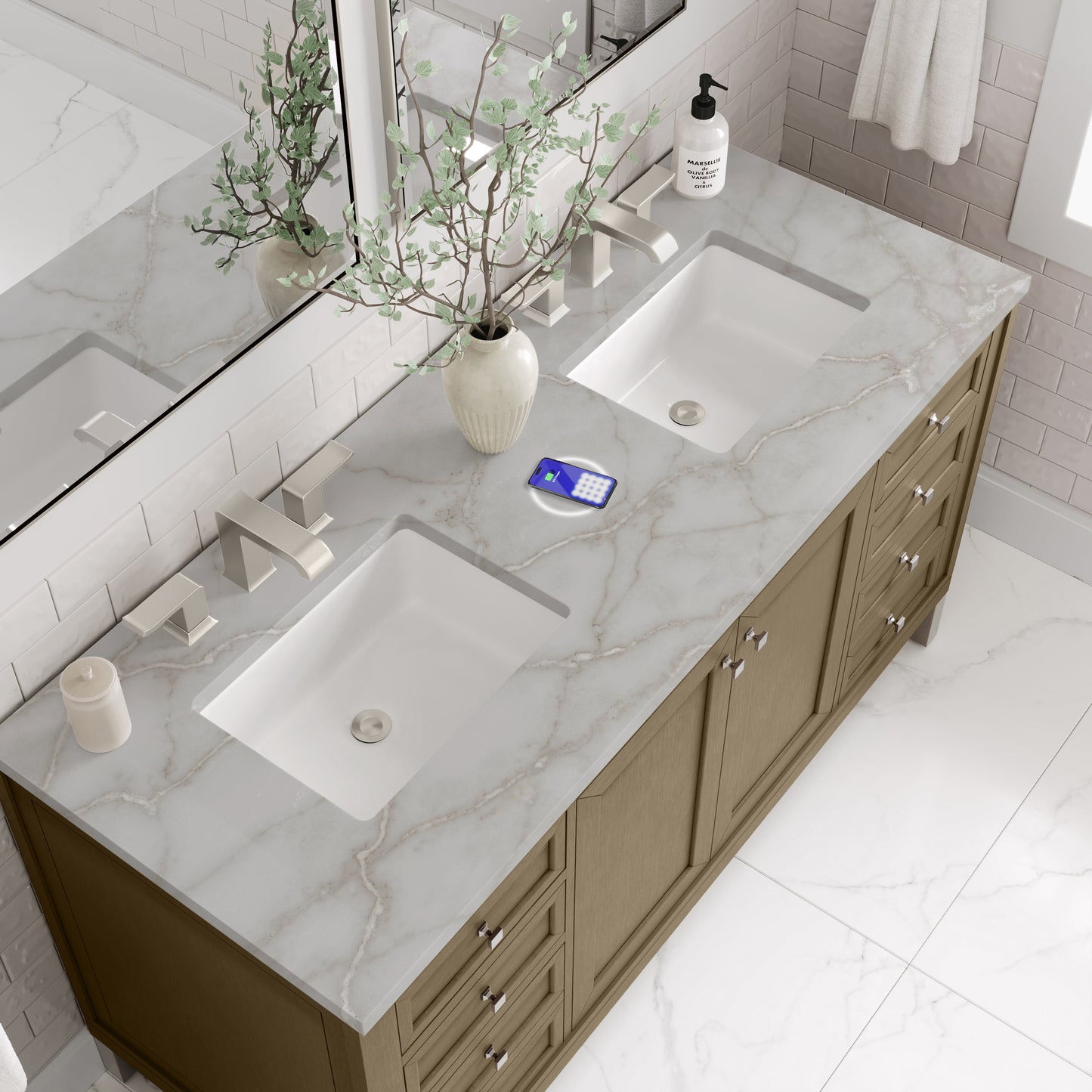 
                  
                    Chicago 60" Double Bathroom Vanity in Walnut Whisper Double bathroom Vanity James Martin Vanities FreePower-Enabled Victorian Silver Silestone 
                  
                