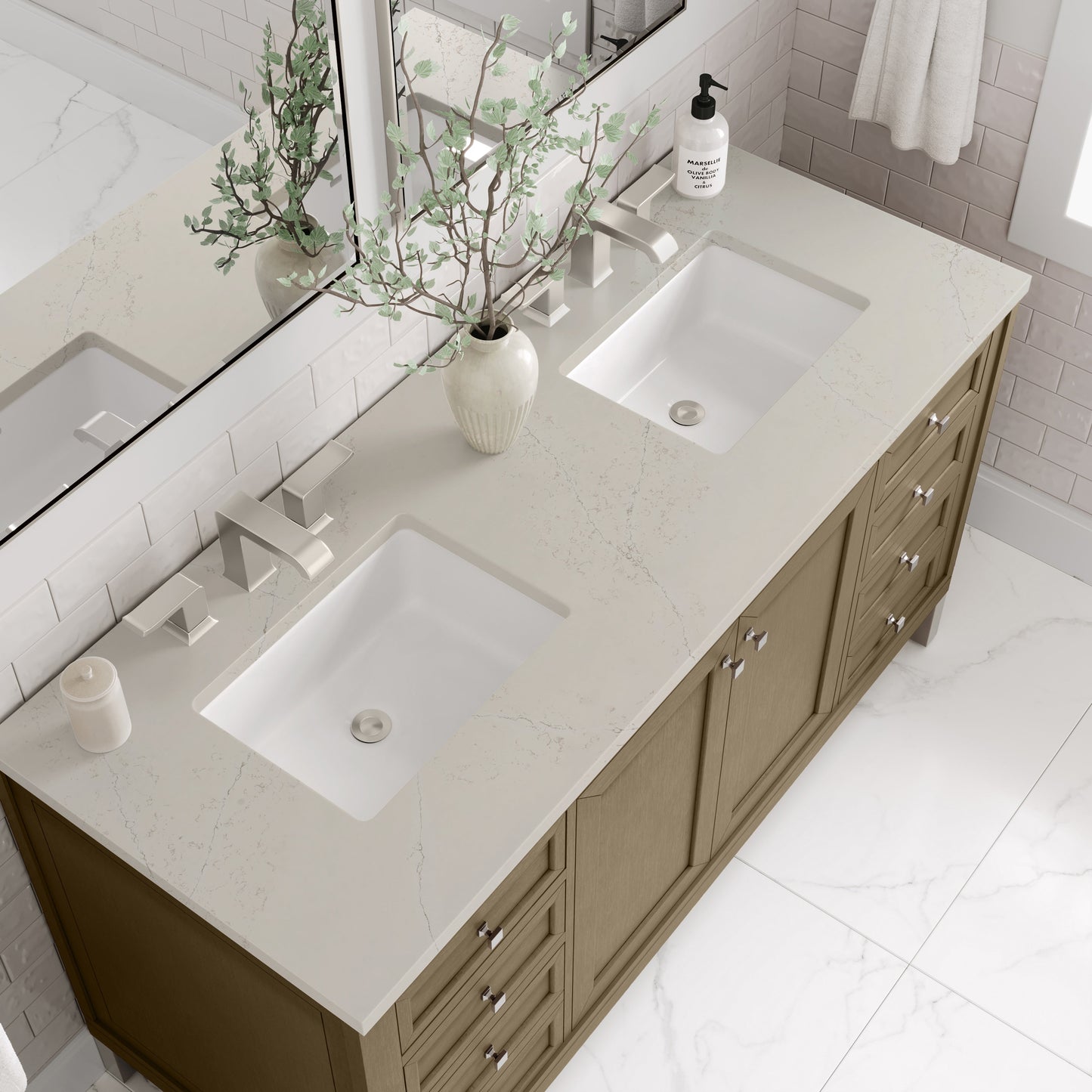 
                  
                    Chicago 60" Double Bathroom Vanity in Walnut Whisper Double bathroom Vanity James Martin Vanities Siberian Silestone 
                  
                