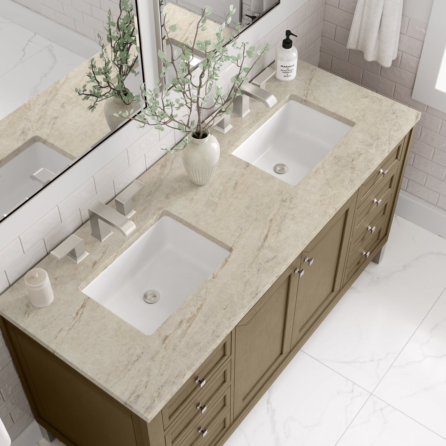 
                  
                    Chicago 60" Double Bathroom Vanity in Walnut Whisper Double bathroom Vanity James Martin Vanities Tajnar Eclos 
                  
                