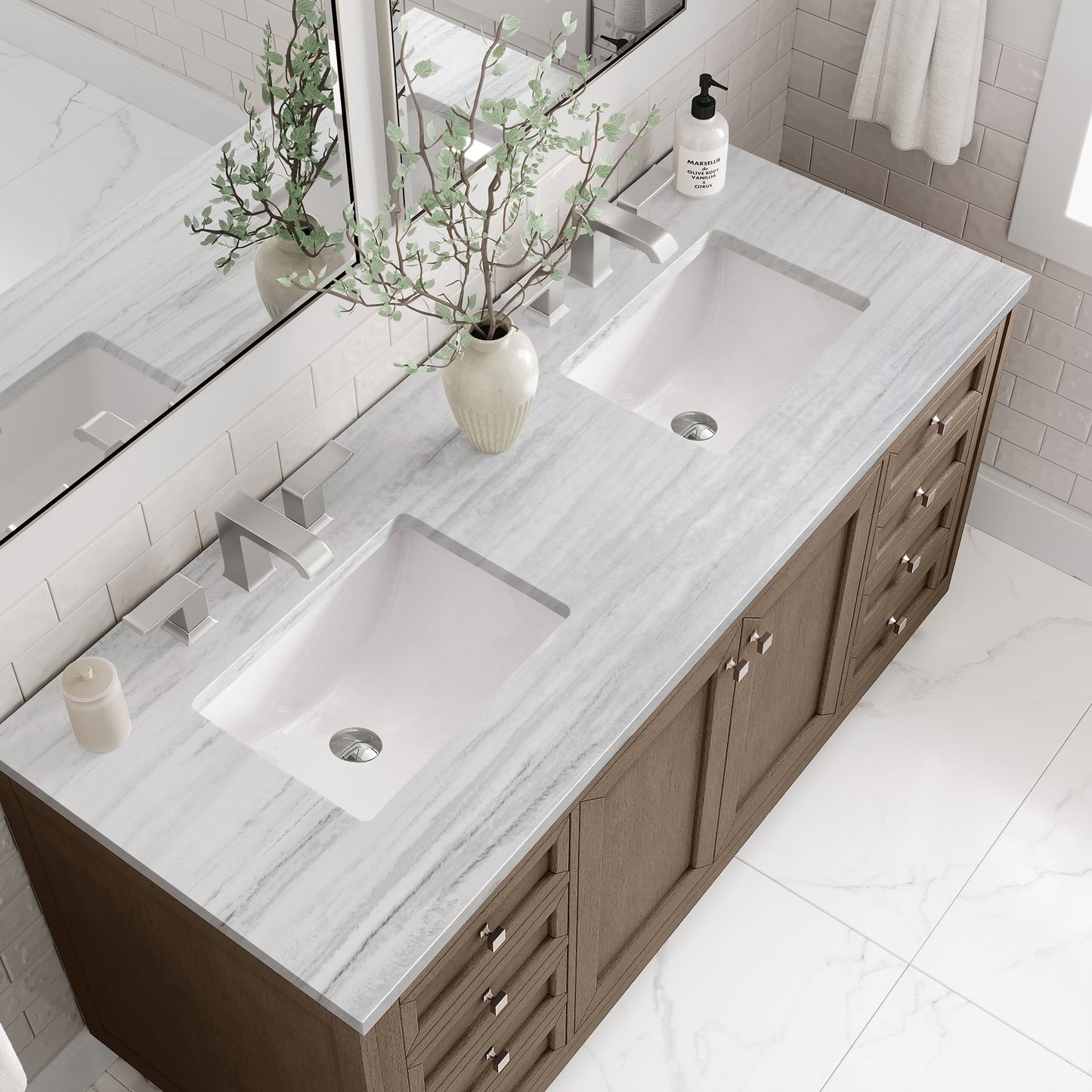 
                  
                    Chicago 60" Double Bathroom Vanity in Whitewashed Walnut Double bathroom Vanity James Martin Vanities Arctic Fall Solid Surface 
                  
                