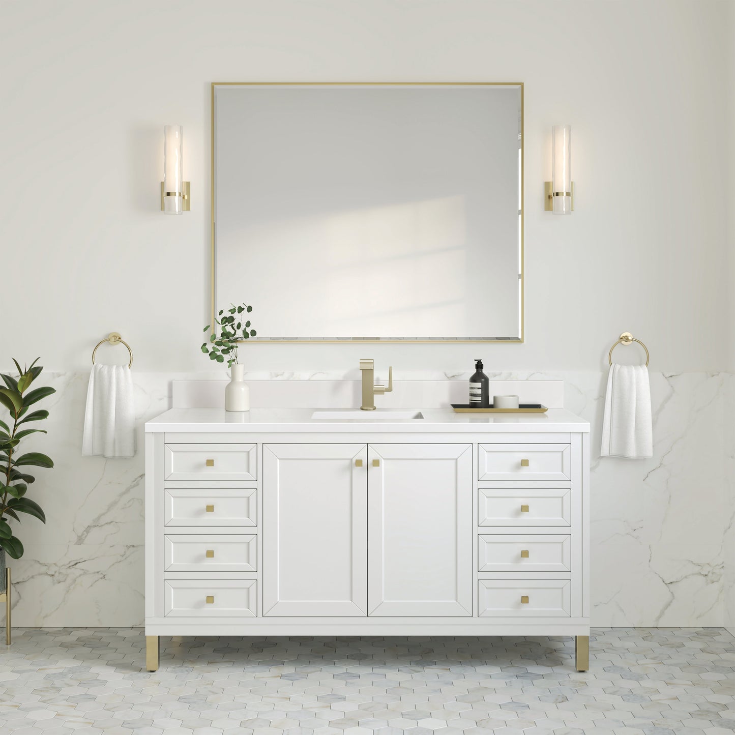 
                  
                    Chicago 60" Single Bathroom Vanity in Glossy White Single Bathroom Vanity James Martin Vanities White Zeus Silestone Single-Hole Faucet Top w/Backsplash 
                  
                