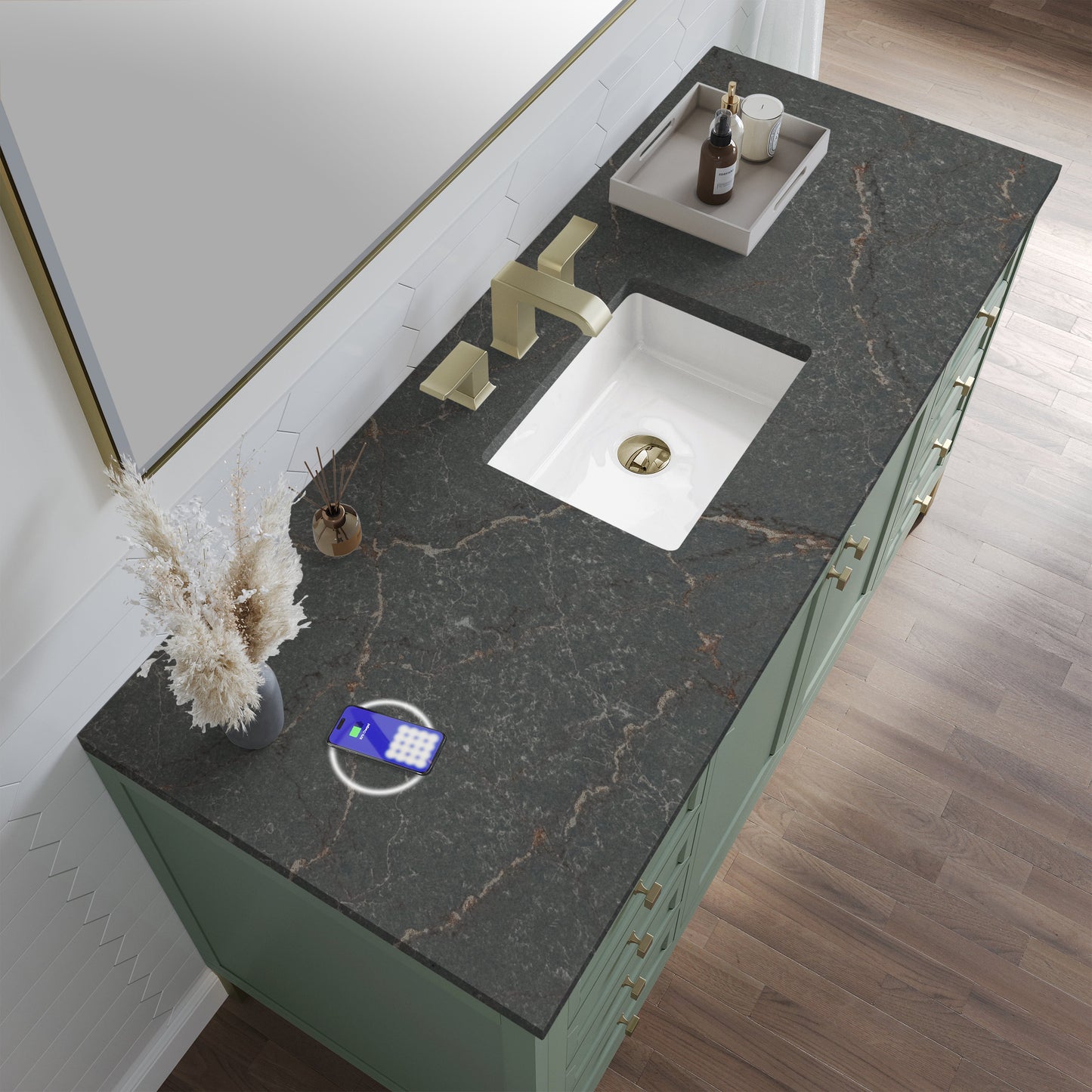 
                  
                    Chicago 60" Single Bathroom Vanity in Smokey Celadon Single Bathroom Vanity James Martin Vanities FreePower-Enabled Parisien Bleu Silestone 
                  
                