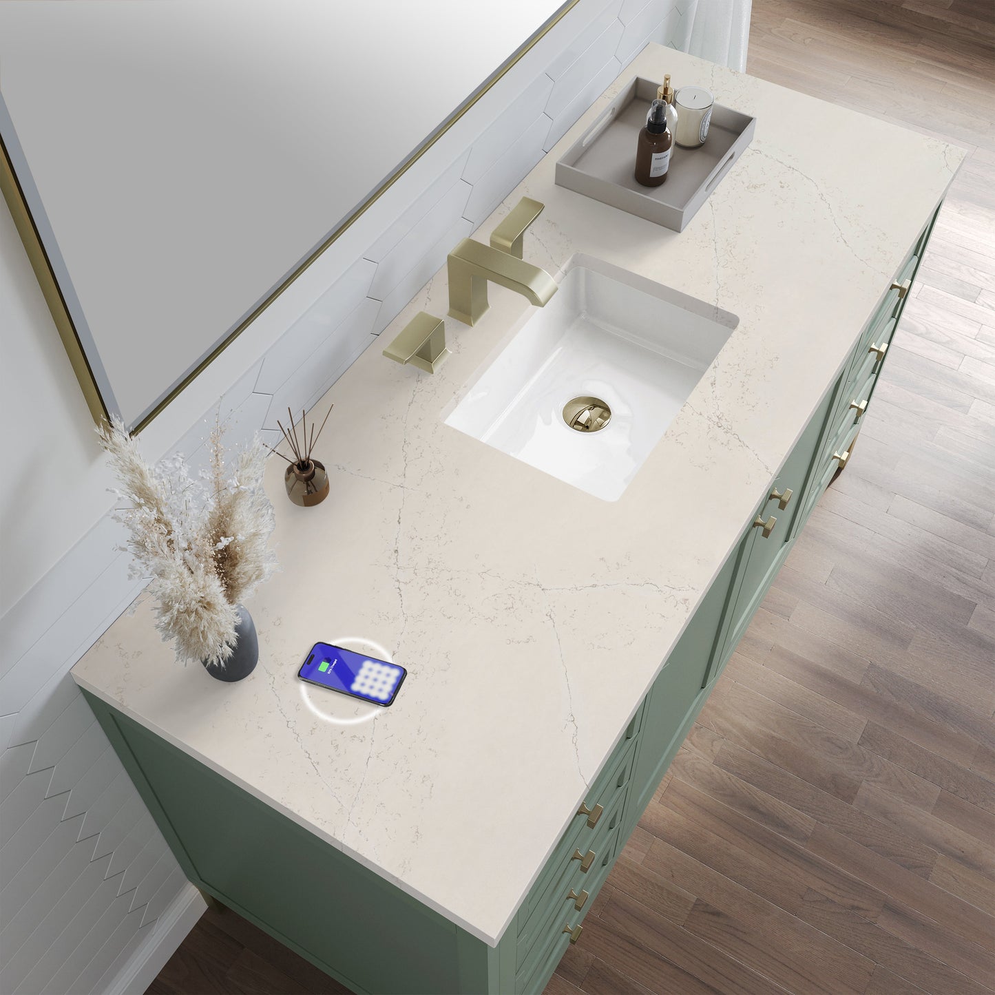 
                  
                    Chicago 60" Single Bathroom Vanity in Smokey Celadon Single Bathroom Vanity James Martin Vanities FreePower-Enabled Siberian Silestone 
                  
                