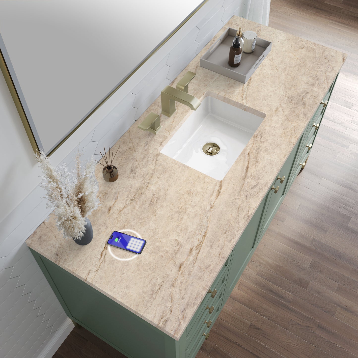 
                  
                    Chicago 60" Single Bathroom Vanity in Smokey Celadon Single Bathroom Vanity James Martin Vanities FreePower-Enabled Tajnar Eclos 
                  
                
