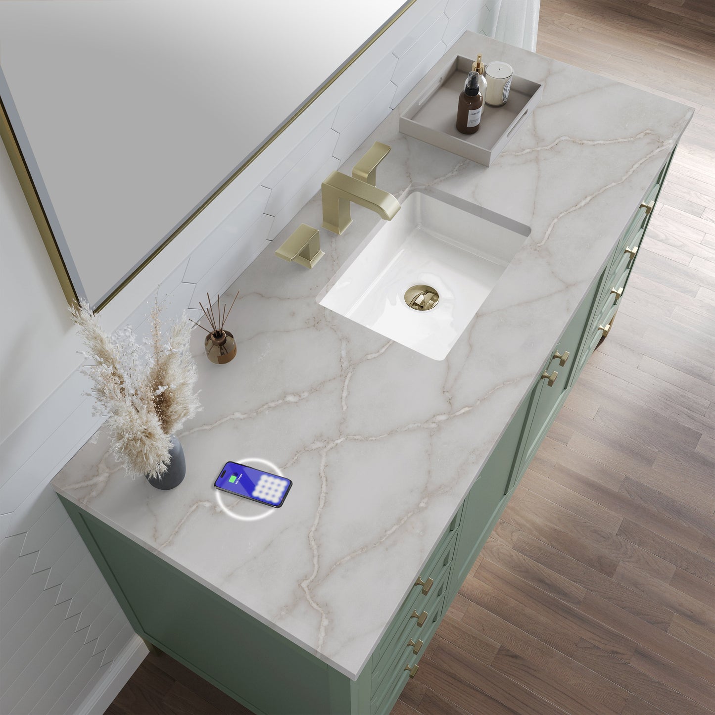 
                  
                    Chicago 60" Single Bathroom Vanity in Smokey Celadon Single Bathroom Vanity James Martin Vanities FreePower-Enabled Victorian Silver Silestone 
                  
                