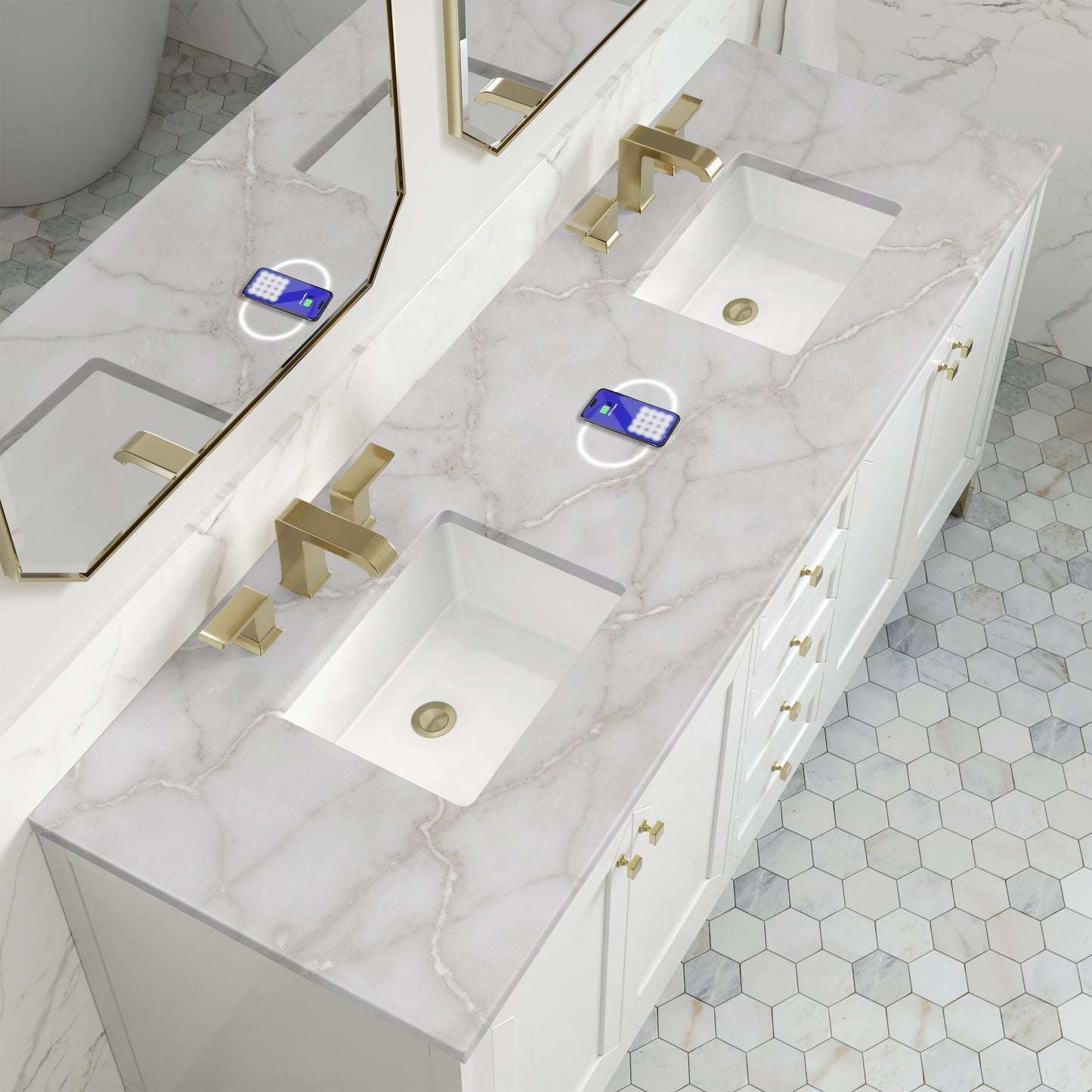 
                  
                    Chicago 72" Double Bathroom Vanity in Glossy White Double bathroom Vanity James Martin Vanities FreePower-Enabled Victorian Silver Silestone 
                  
                