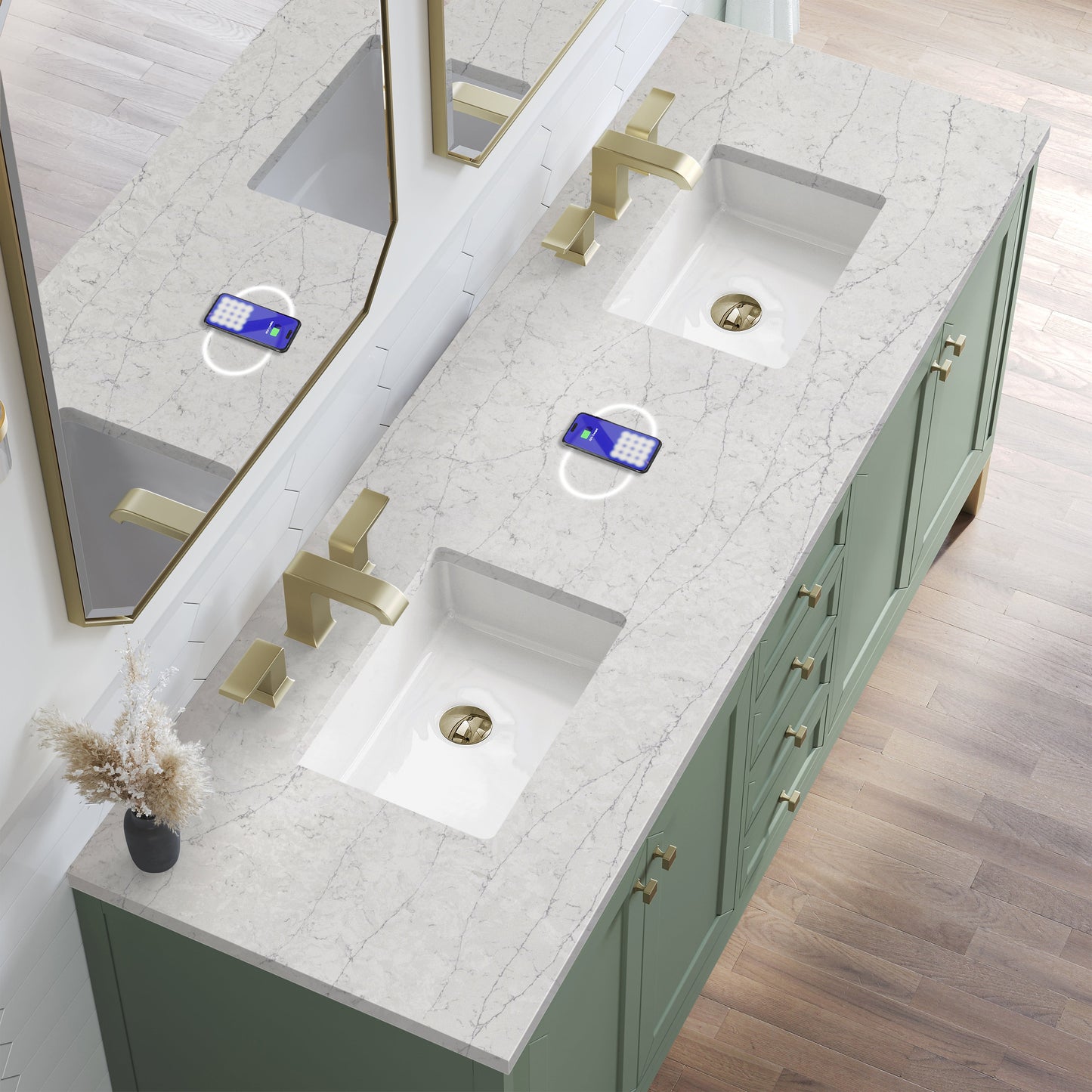 
                  
                    Chicago 72" Double Bathroom Vanity in Smokey Celadon Double bathroom Vanity James Martin Vanities FreePower-Enabled Eternal Jasmine Pearl Silestone 
                  
                