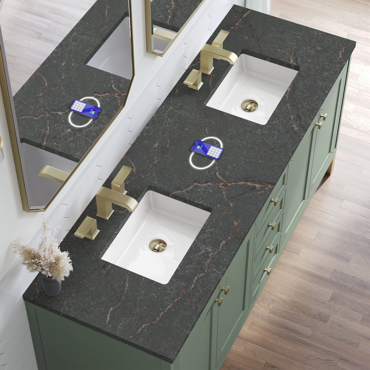 
                  
                    Chicago 72" Double Bathroom Vanity in Smokey Celadon Double bathroom Vanity James Martin Vanities FreePower-Enabled Parisien Bleu Silestone 
                  
                