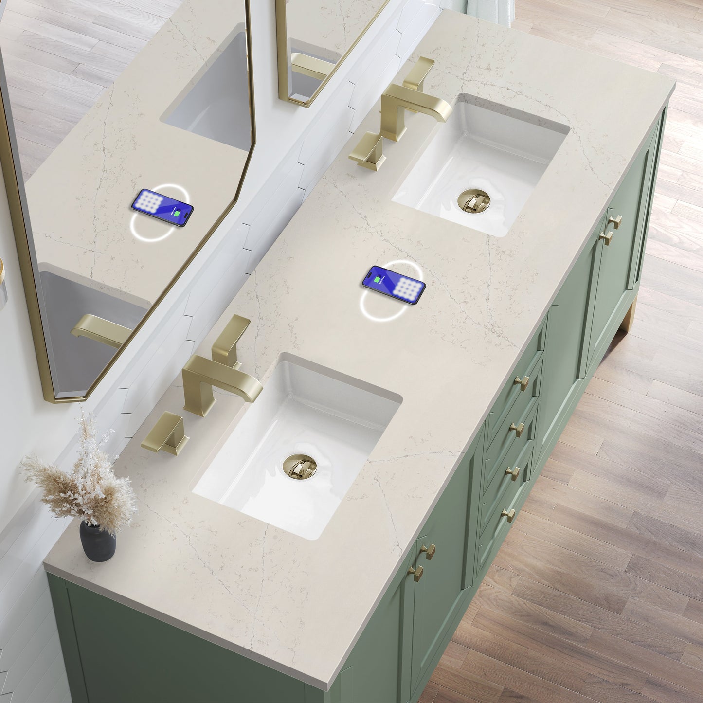 
                  
                    Chicago 72" Double Bathroom Vanity in Smokey Celadon Double bathroom Vanity James Martin Vanities FreePower-Enabled Siberian Silestone 
                  
                