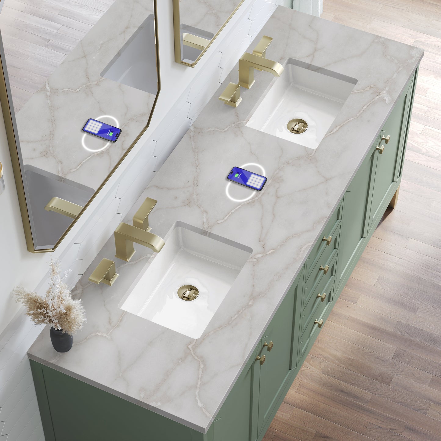 
                  
                    Chicago 72" Double Bathroom Vanity in Smokey Celadon Double bathroom Vanity James Martin Vanities FreePower-Enabled Victorian Silver Silestone 
                  
                