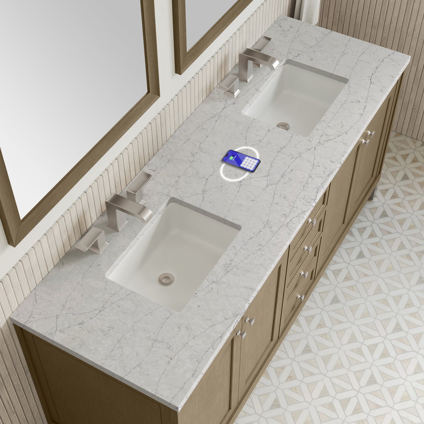 
                  
                    Chicago 72" Double Bathroom Vanity in Walnut Whisper Double bathroom Vanity James Martin Vanities FreePower-Enabled Eternal Jasmine Pearl Silestone 
                  
                
