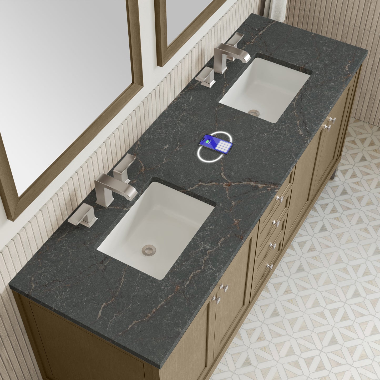 
                  
                    Chicago 72" Double Bathroom Vanity in Walnut Whisper Double bathroom Vanity James Martin Vanities FreePower-Enabled Parisien Bleu Silestone 
                  
                