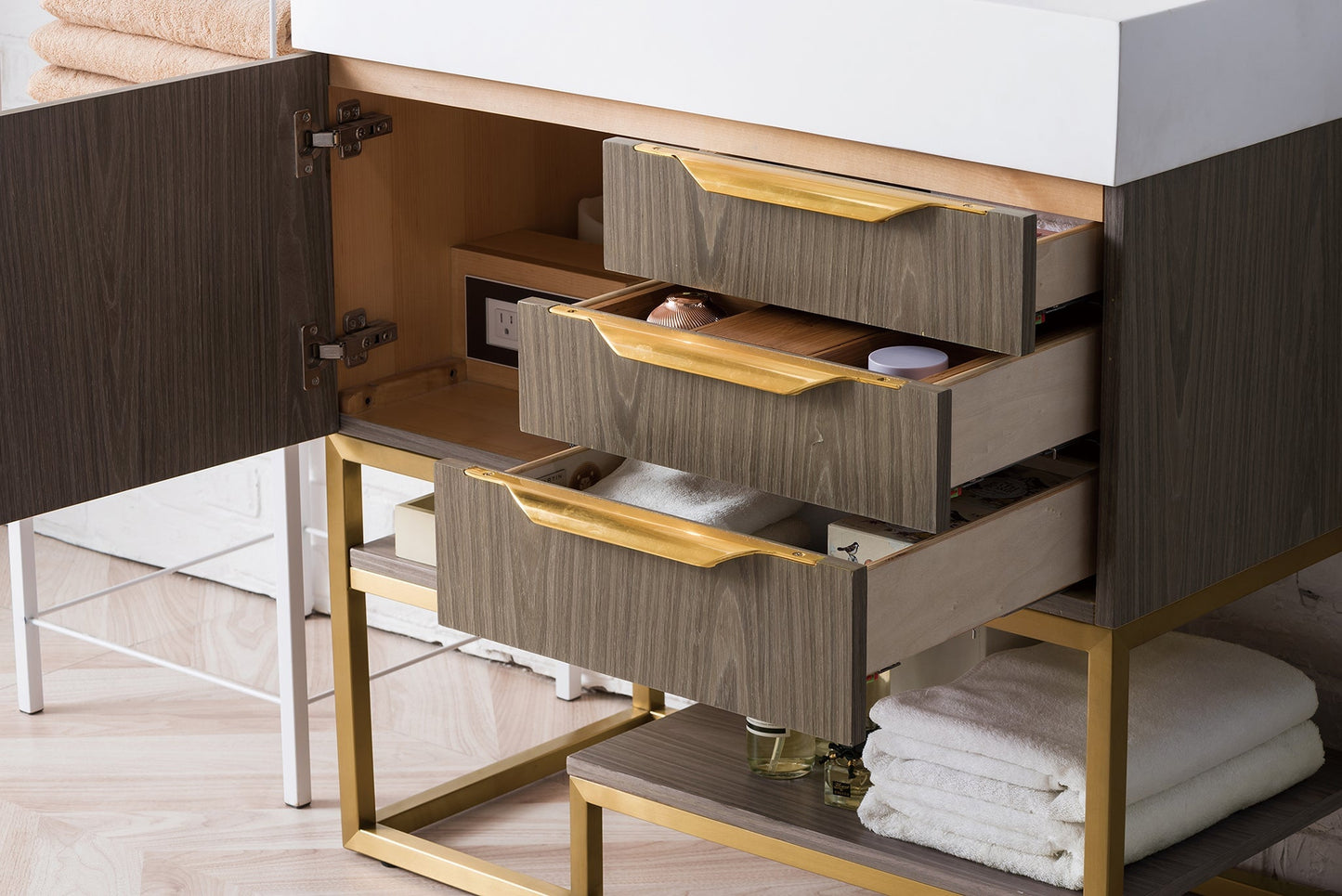 
                  
                    Columbia 36" Single Bathroom Vanity in Ash Gray with Radiant Gold Base Single Bathroom Vanity James Martin Vanities 
                  
                