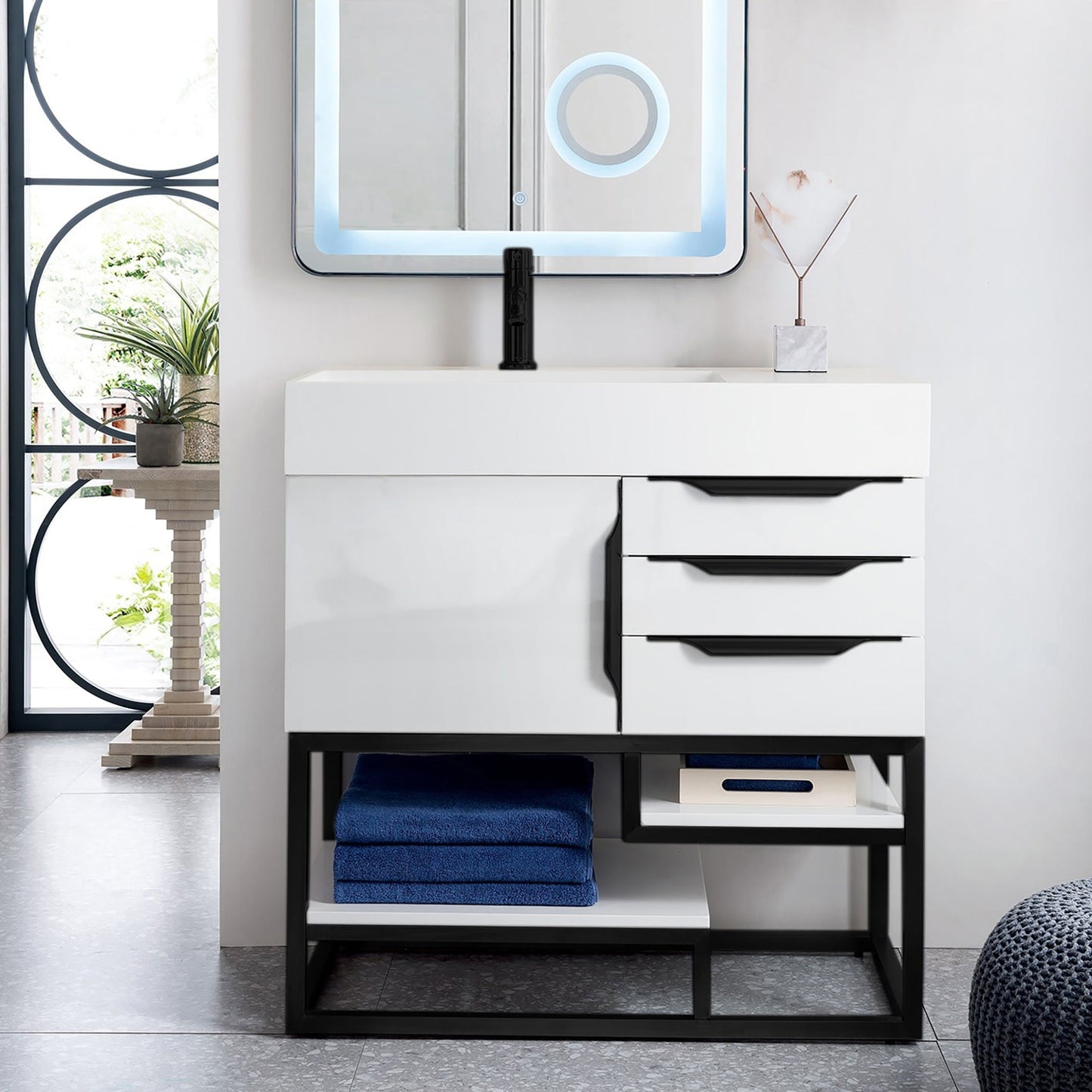 Columbia 36" Single Bathroom Vanity in Glossy White with Matte Black Base Single Bathroom Vanity James Martin Vanities 