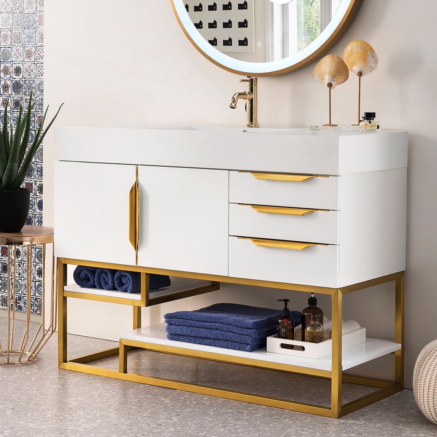 Columbia 48" Single Bathroom Vanity in Glossy White with Radiant Gold Base Single Bathroom Vanity James Martin Vanities 