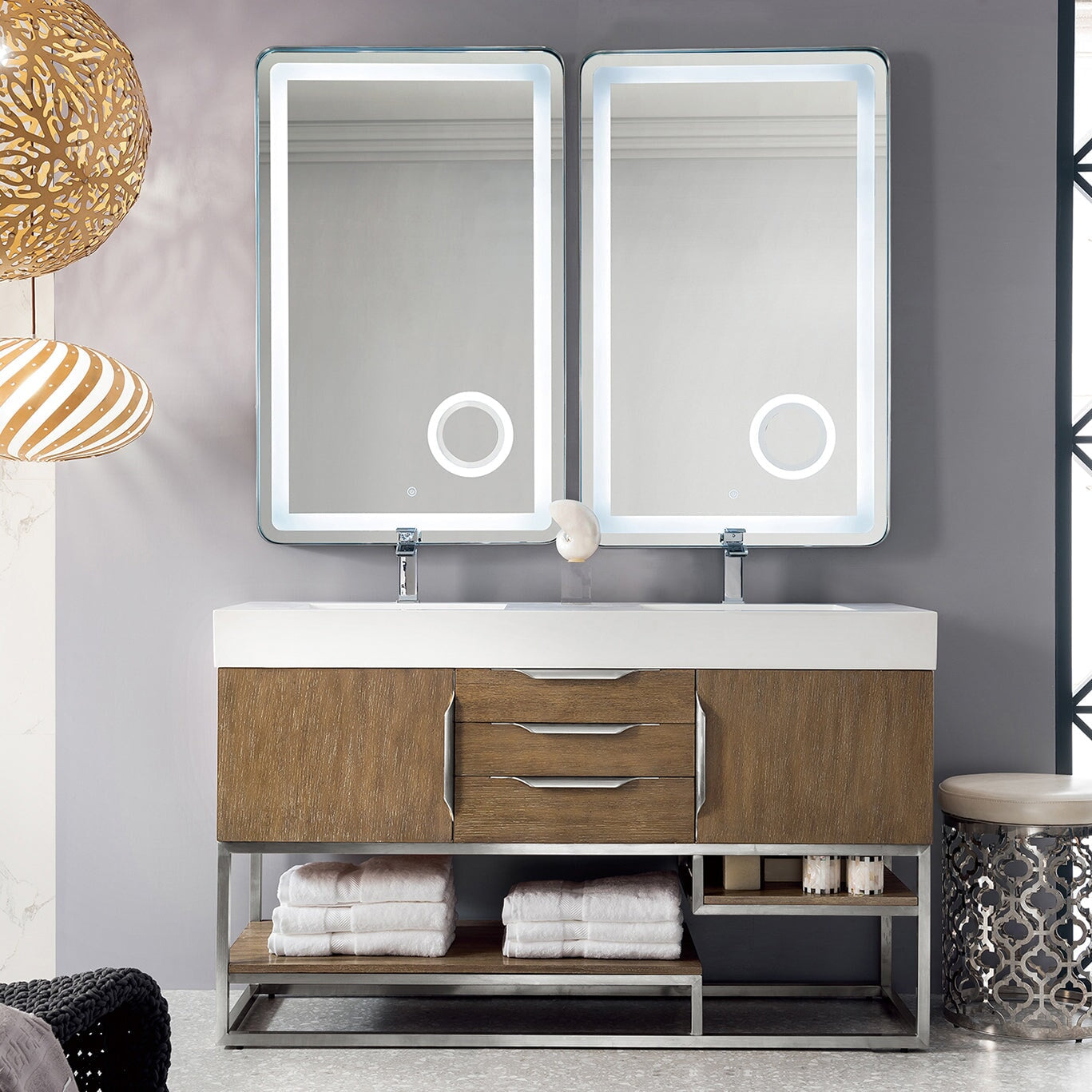 Columbia 59" Double Bathroom Vanity in Latte Oak in Brushed Nickel Base Single Bathroom Vanity James Martin Vanities 