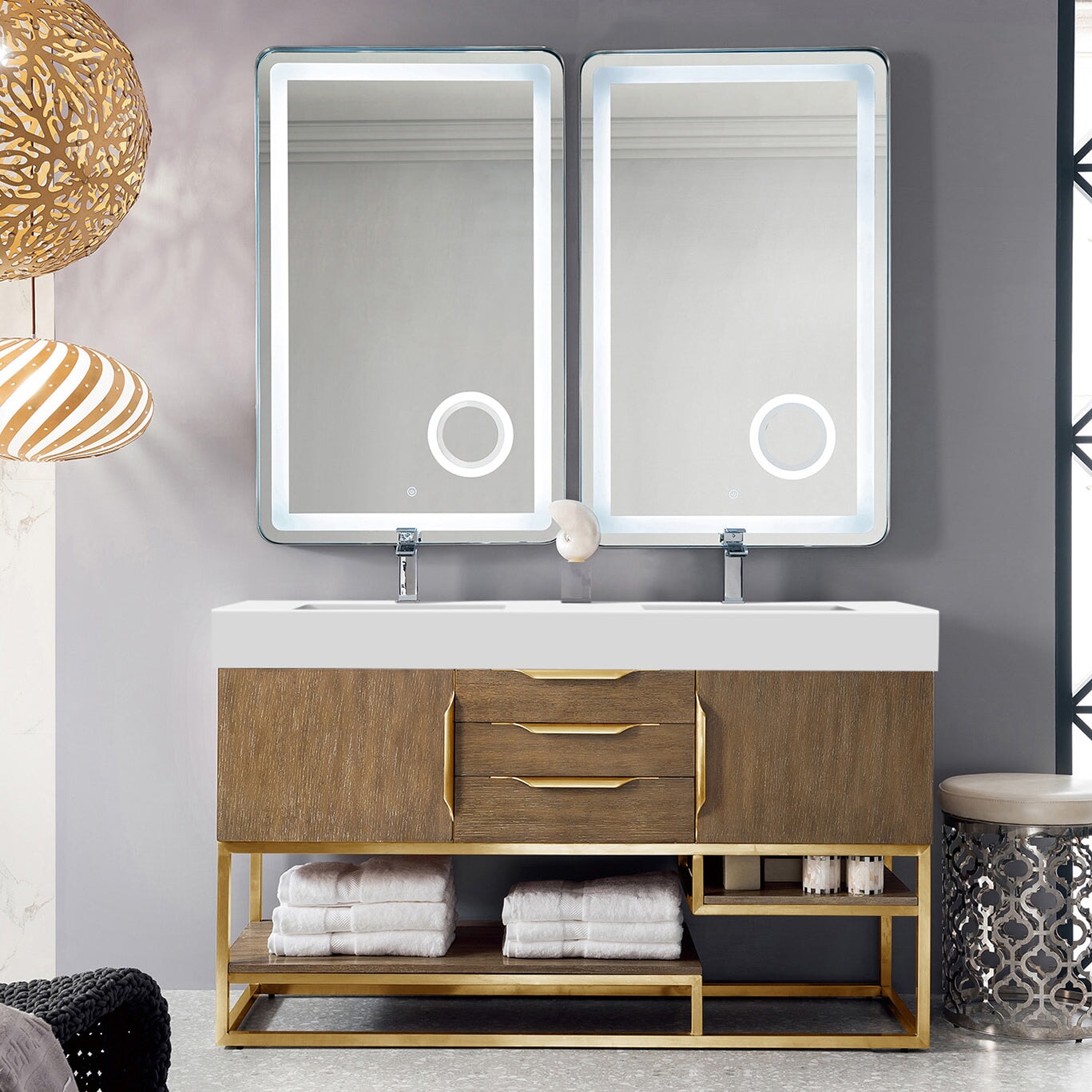 Columbia 59" Double Bathroom Vanity in Latte Oak in Radiant Gold Base Single Bathroom Vanity James Martin Vanities 