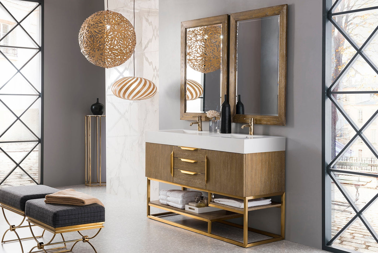 
                  
                    Columbia 59" Double Bathroom Vanity in Latte Oak in Radiant Gold Base Single Bathroom Vanity James Martin Vanities 
                  
                