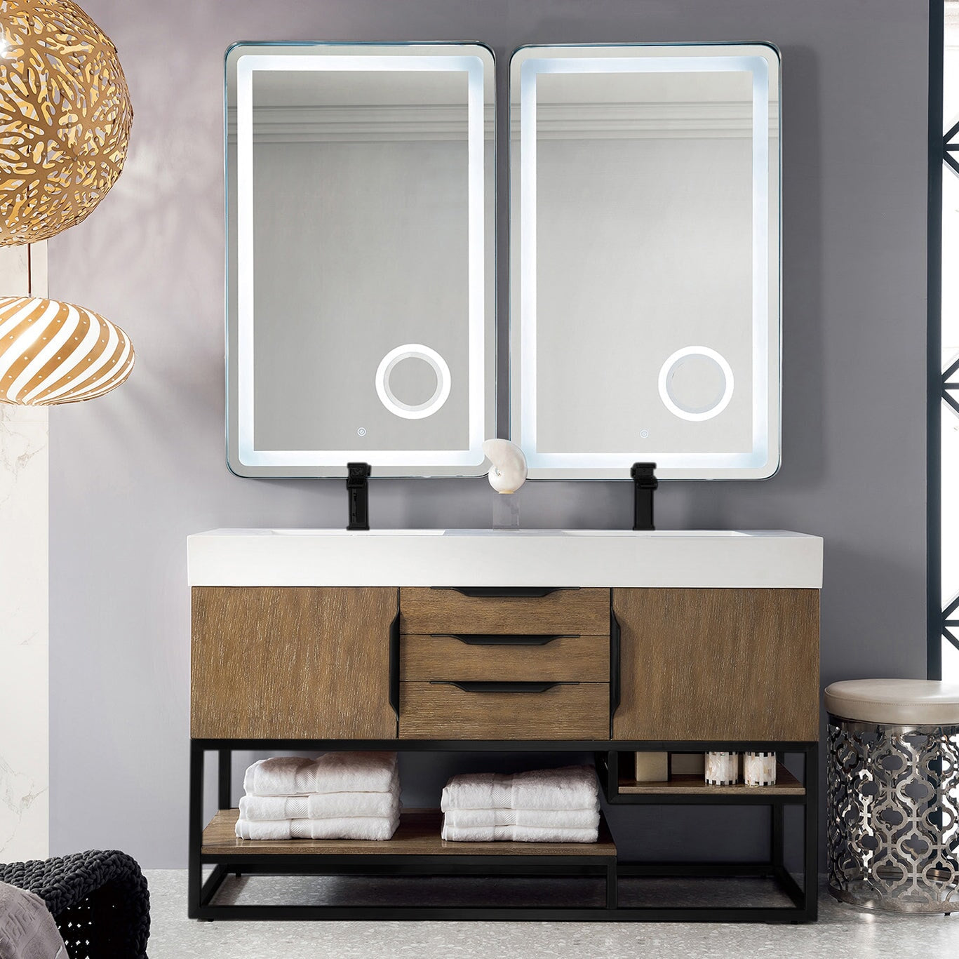 Columbia 59" Double Bathroom Vanity in Latte Oak with Matte Black Base Single Bathroom Vanity James Martin Vanities 