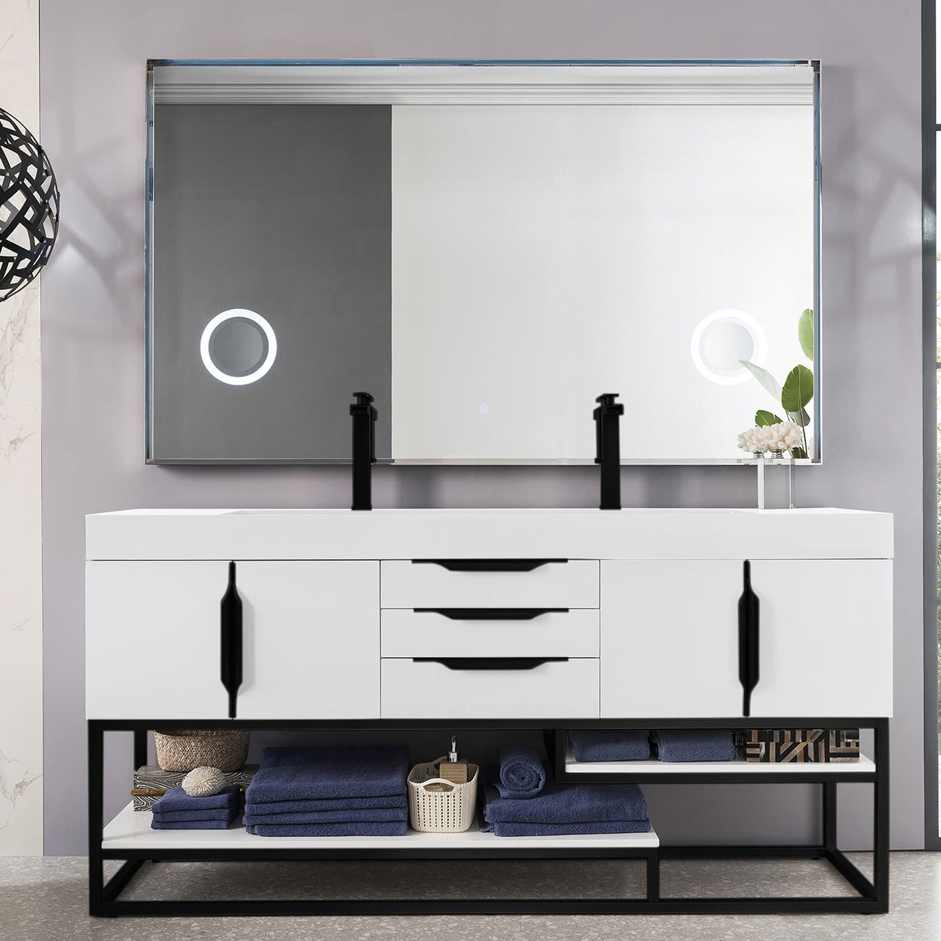 Columbia 72" Double Bathroom Vanity, Glossy White, Matte Black Base Single Bathroom Vanity James Martin Vanities 