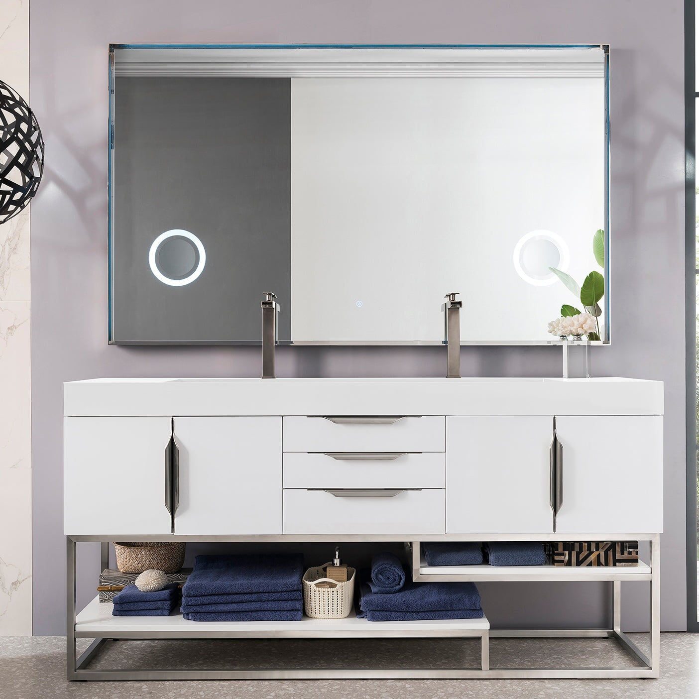 Columbia 72" Double Bathroom Vanity in Glossy White with Brushed Nickel Base Single Bathroom Vanity James Martin Vanities 