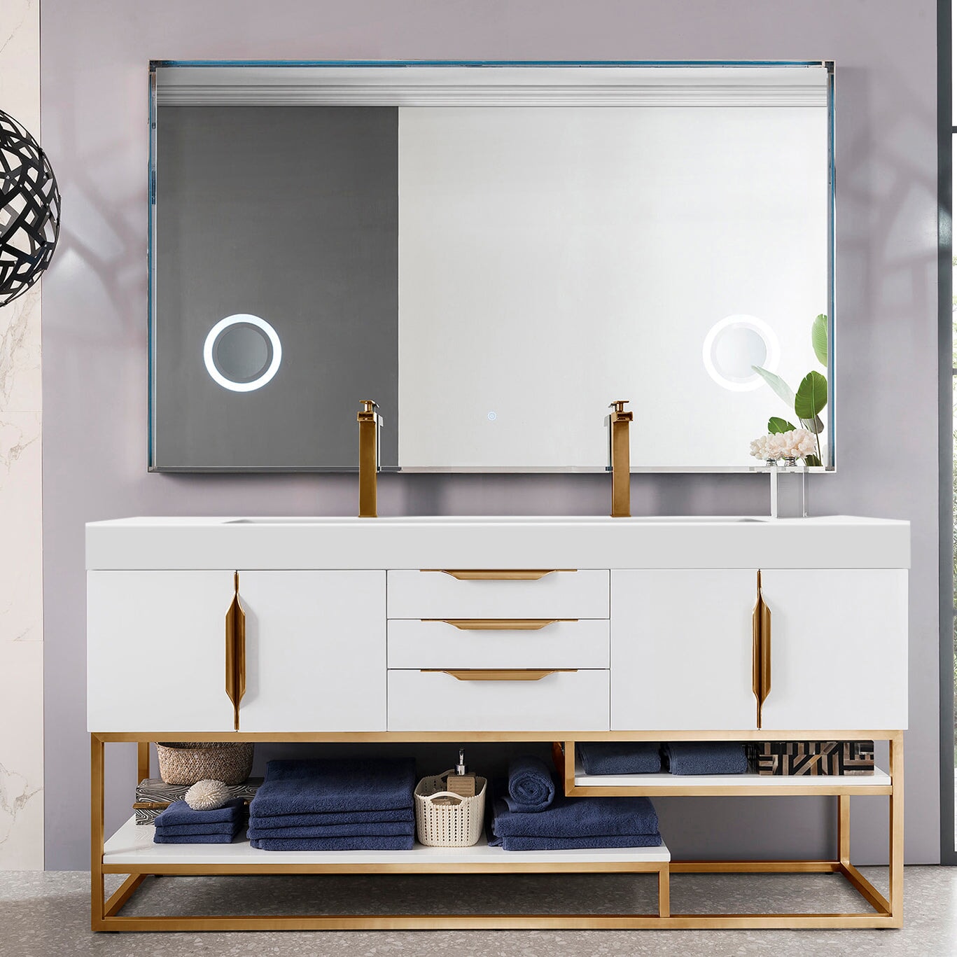 Columbia 72" Double Bathroom Vanity in Glossy White with Radiant Gold Base Single Bathroom Vanity James Martin Vanities 