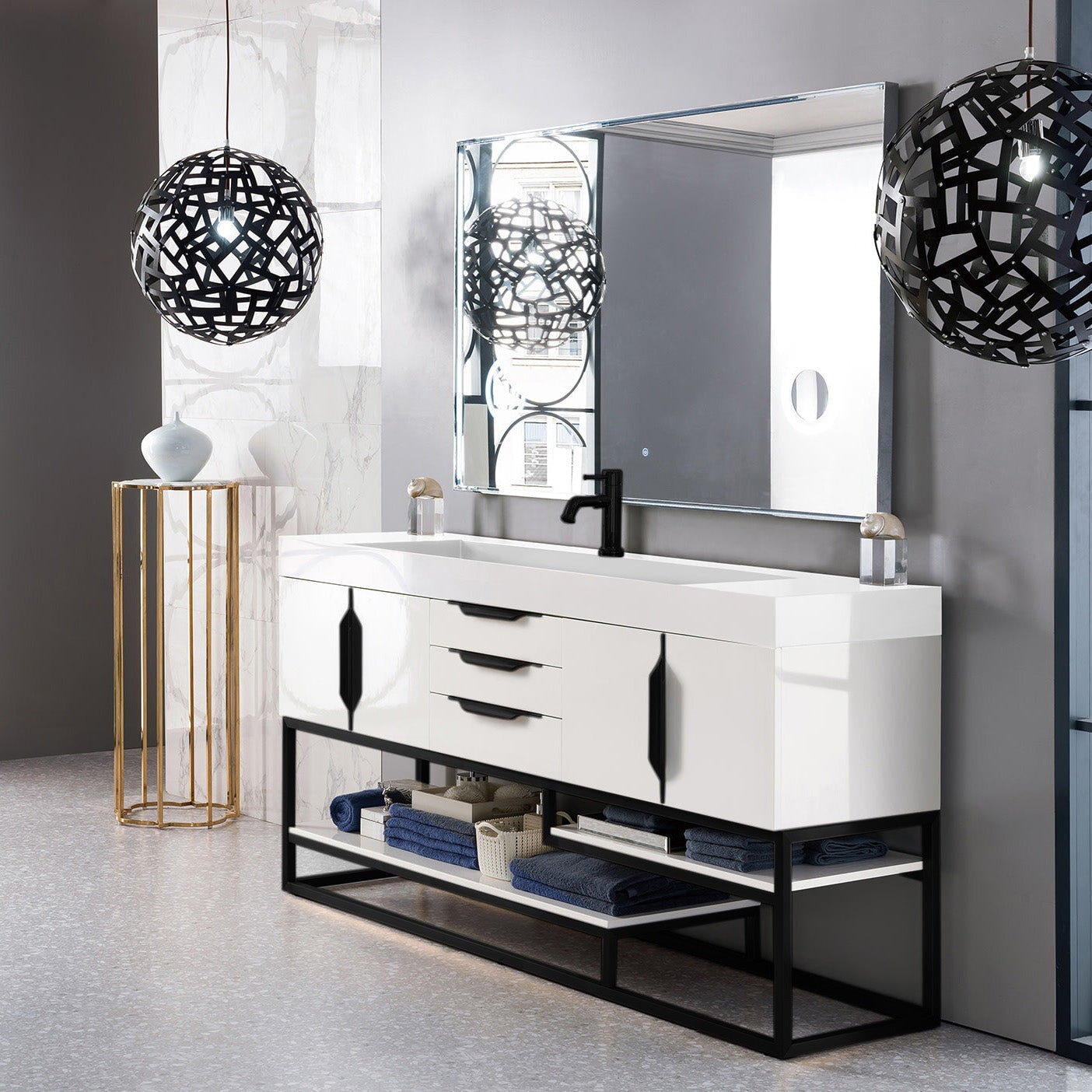 Columbia 72" Single Bathroom Vanity, Glossy White, Matte Black Base Single Bathroom Vanity James Martin Vanities 