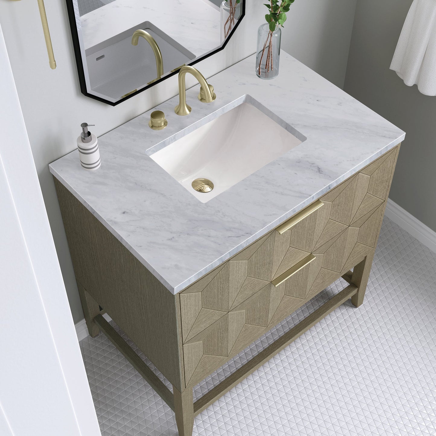 
                  
                    Emmeline 36" Vanity in Pebble Oak Single Bathroom Vanity James Martin Vanities Cararra White Marble 
                  
                