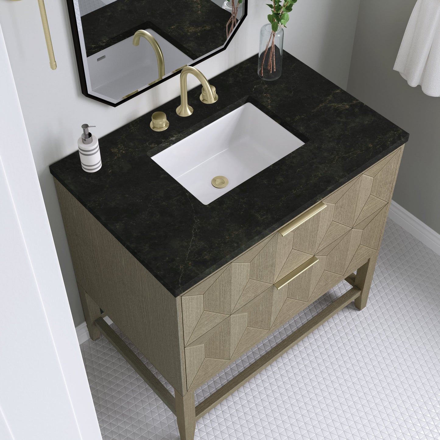 
                  
                    Emmeline 36" Vanity in Pebble Oak Single Bathroom Vanity James Martin Vanities Phantome Eclos 
                  
                