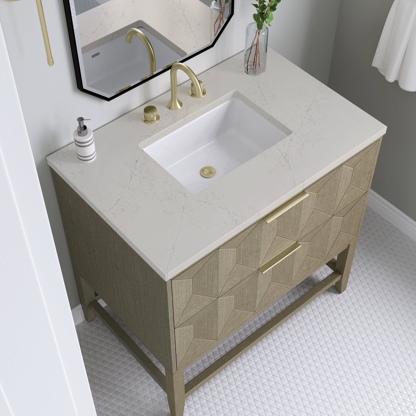
                  
                    Emmeline 36" Vanity in Pebble Oak Single Bathroom Vanity James Martin Vanities Siberian Silestone 
                  
                