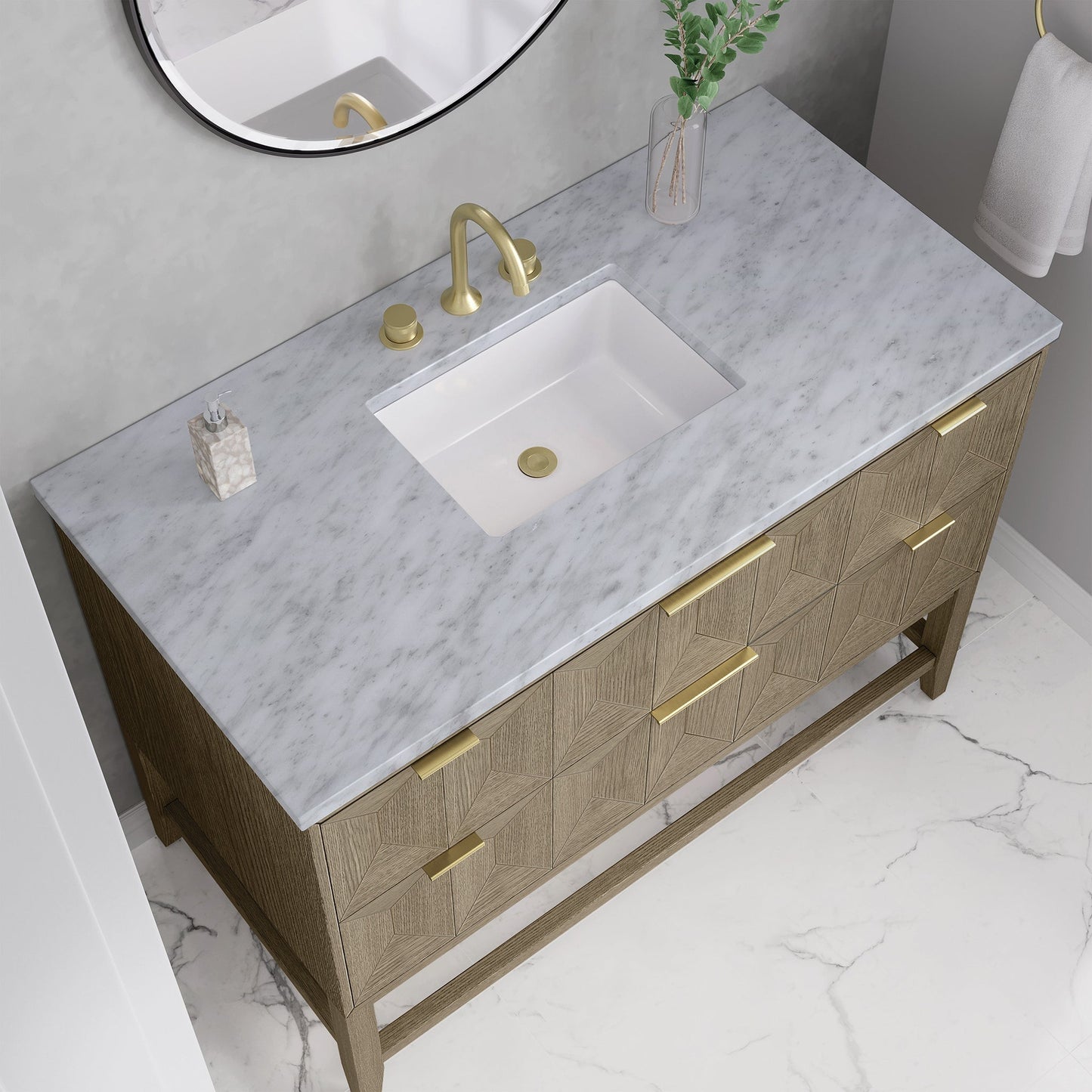 
                  
                    Emmeline 48" Vanity in Pebble Oak Single Bathroom Vanity James Martin Vanities Cararra White Marble 
                  
                