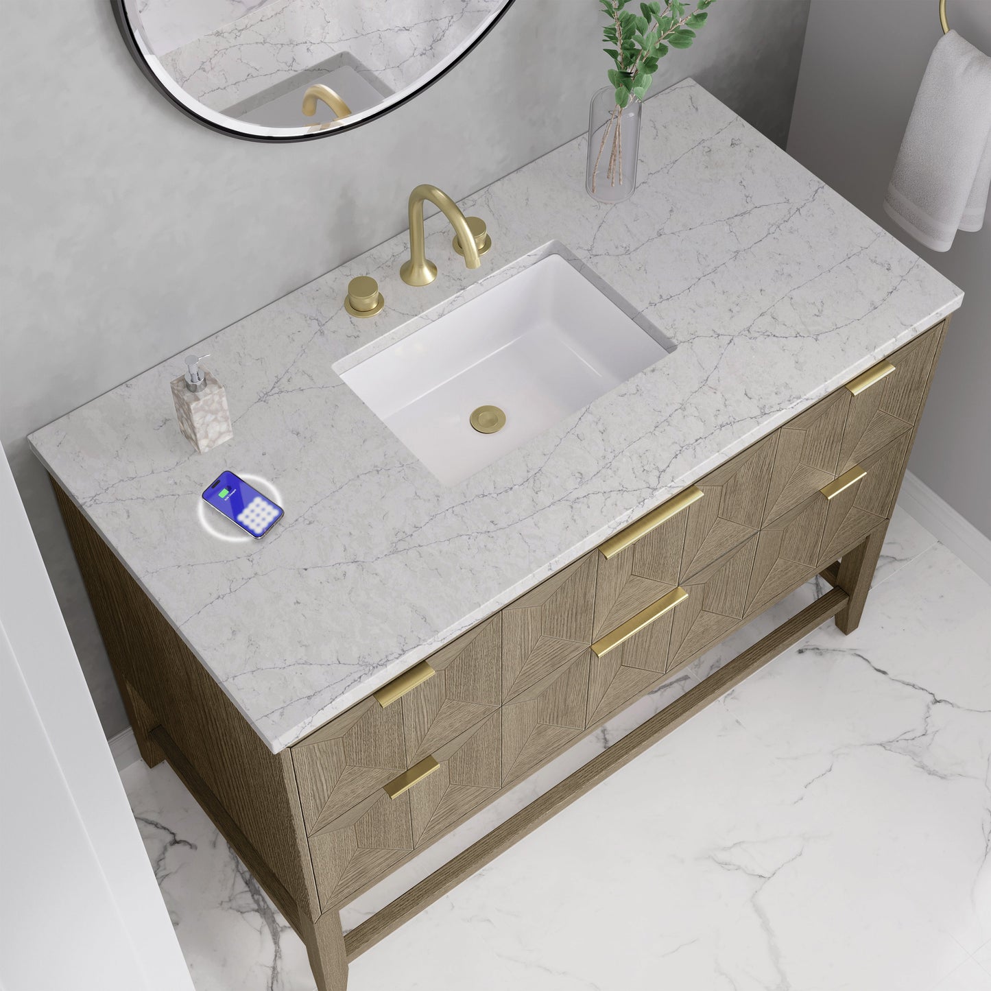 
                  
                    Emmeline 48" Vanity in Pebble Oak Single Bathroom Vanity James Martin Vanities FreePower-Enabled Eternal Jasmine Silestone 
                  
                
