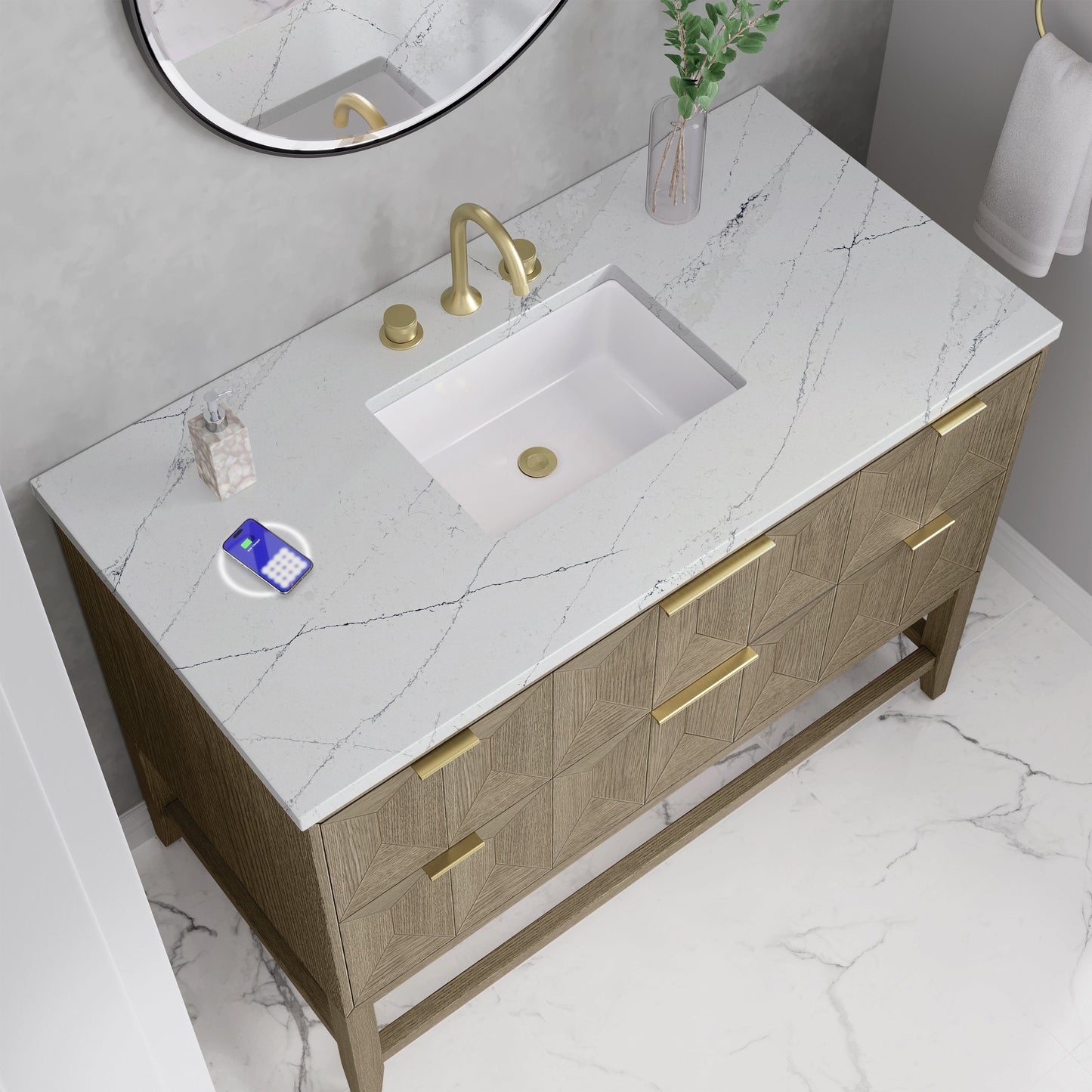 
                  
                    Emmeline 48" Vanity in Pebble Oak Single Bathroom Vanity James Martin Vanities FreePower-Enabled Ethereal Noctis Silestone 
                  
                
