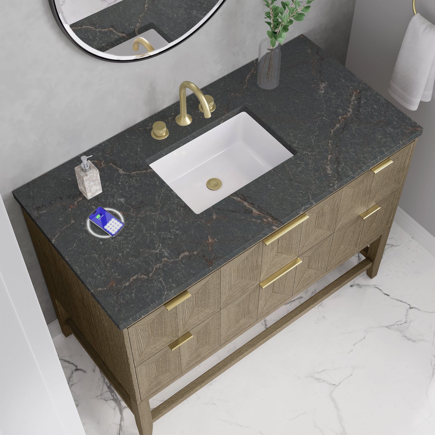 
                  
                    Emmeline 48" Vanity in Pebble Oak Single Bathroom Vanity James Martin Vanities FreePower-Enabled Parisien Blue Silestone 
                  
                