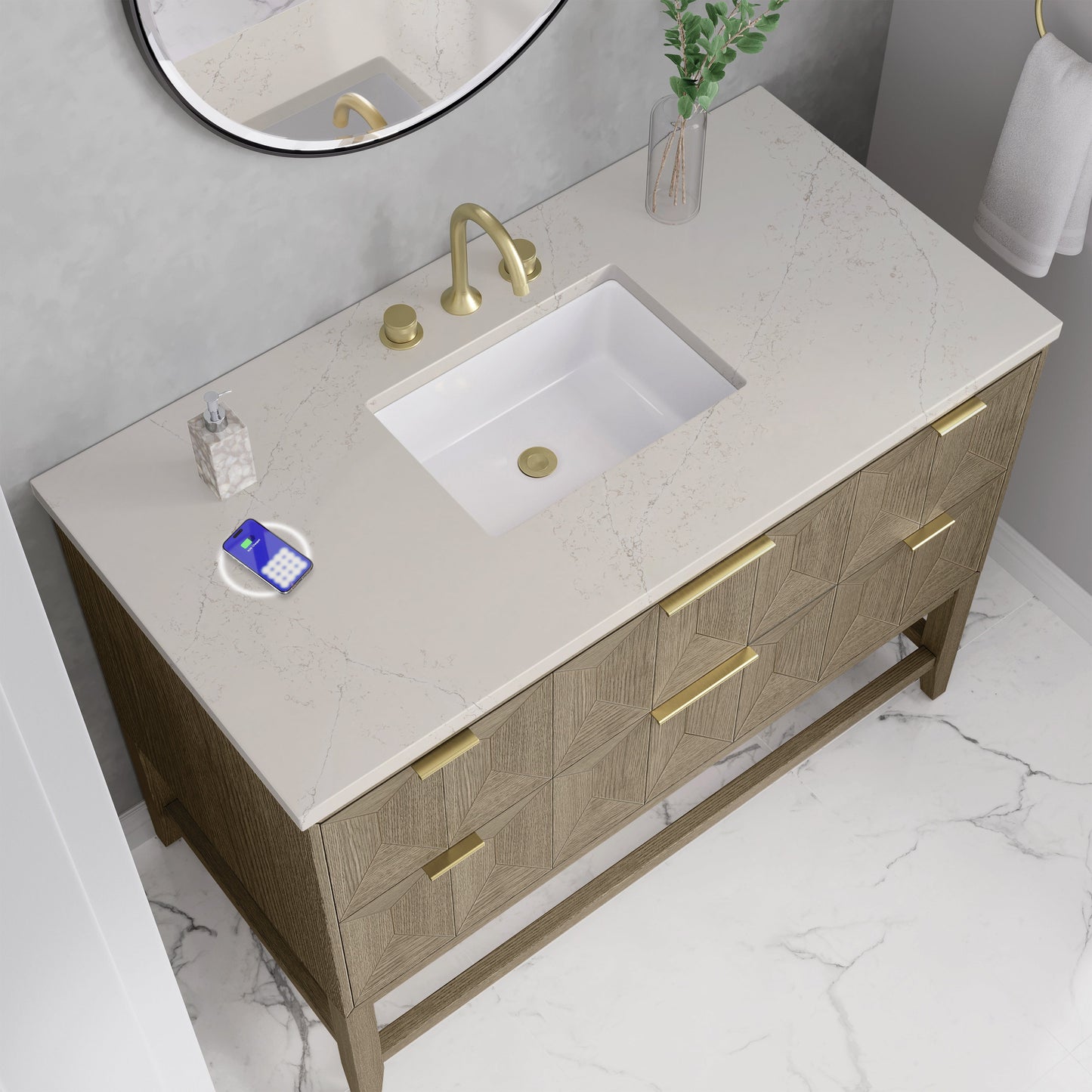
                  
                    Emmeline 48" Vanity in Pebble Oak Single Bathroom Vanity James Martin Vanities FreePower-Enabled Siberian Silestone 
                  
                