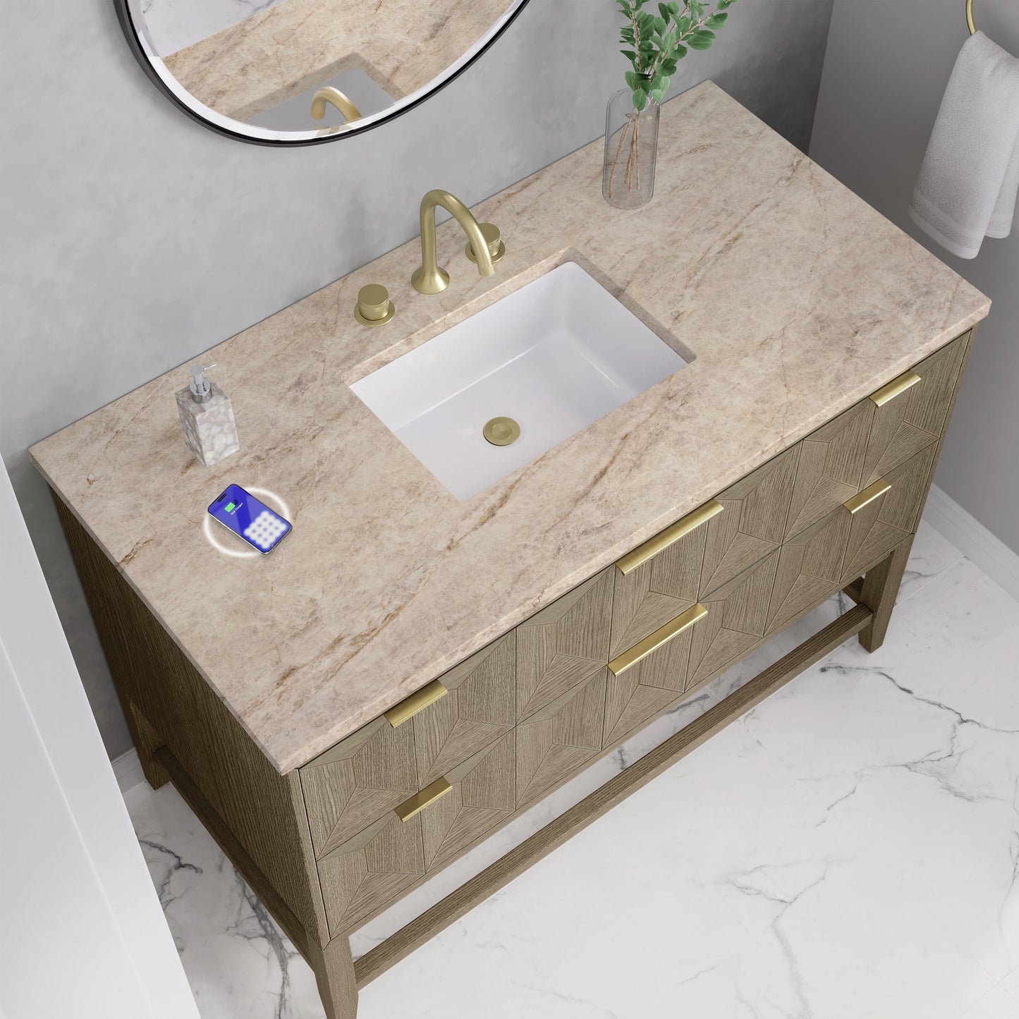 
                  
                    Emmeline 48" Vanity in Pebble Oak Single Bathroom Vanity James Martin Vanities FreePower-Enabled Tajnar Eclos 
                  
                