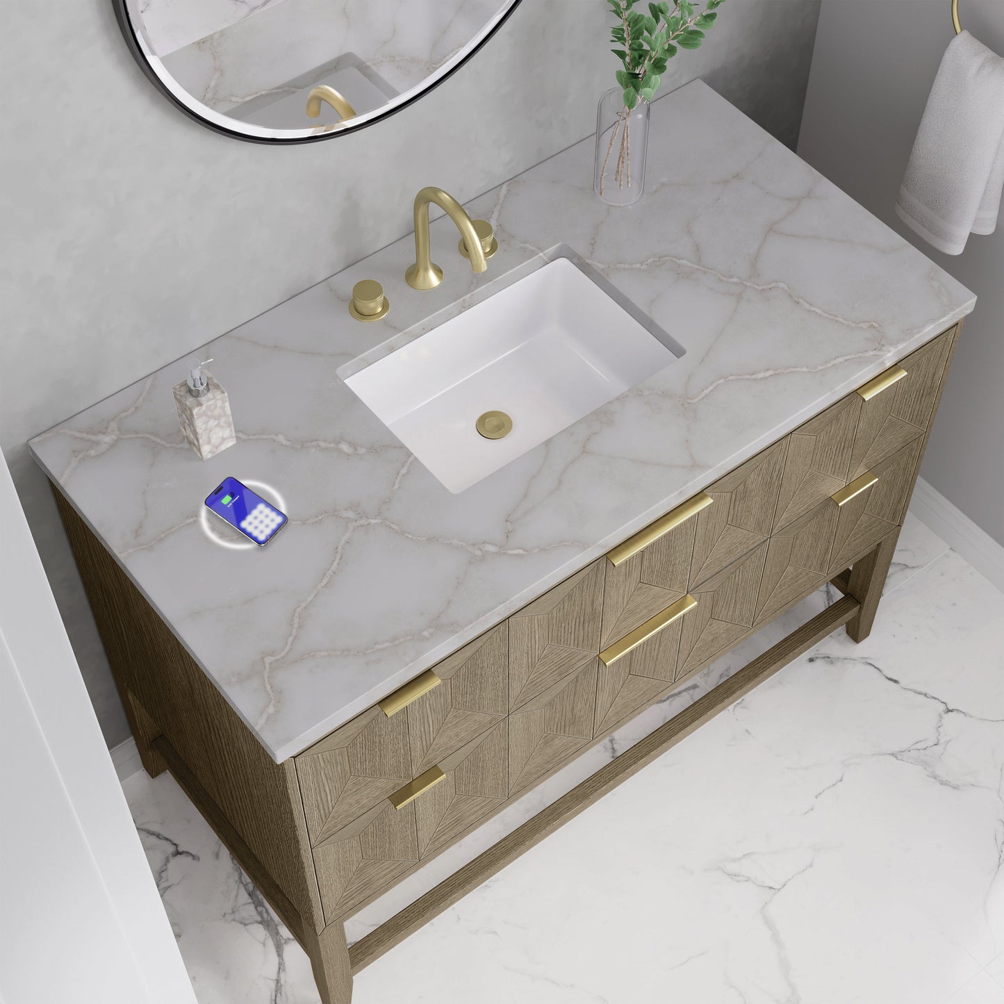 
                  
                    Emmeline 48" Vanity in Pebble Oak Single Bathroom Vanity James Martin Vanities FreePower-Enabled Victorian Silver Silestone 
                  
                
