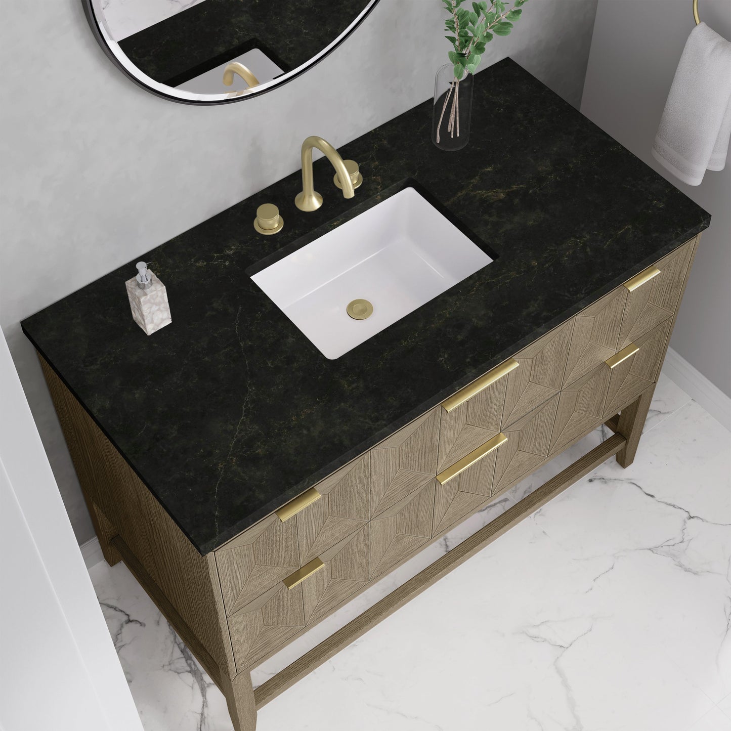 
                  
                    Emmeline 48" Vanity in Pebble Oak Single Bathroom Vanity James Martin Vanities Phantome Eclos 
                  
                