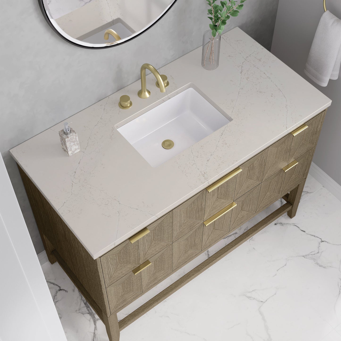 
                  
                    Emmeline 48" Vanity in Pebble Oak Single Bathroom Vanity James Martin Vanities Siberian Silestone 
                  
                