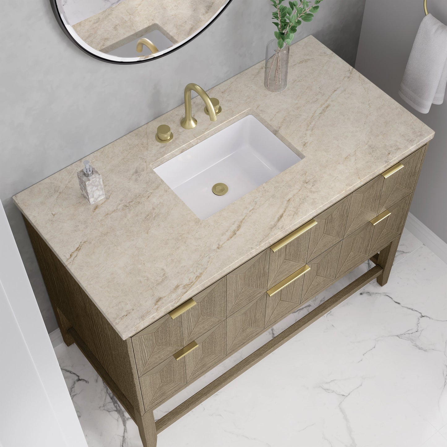 
                  
                    Emmeline 48" Vanity in Pebble Oak Single Bathroom Vanity James Martin Vanities Tajnar Eclos 
                  
                
